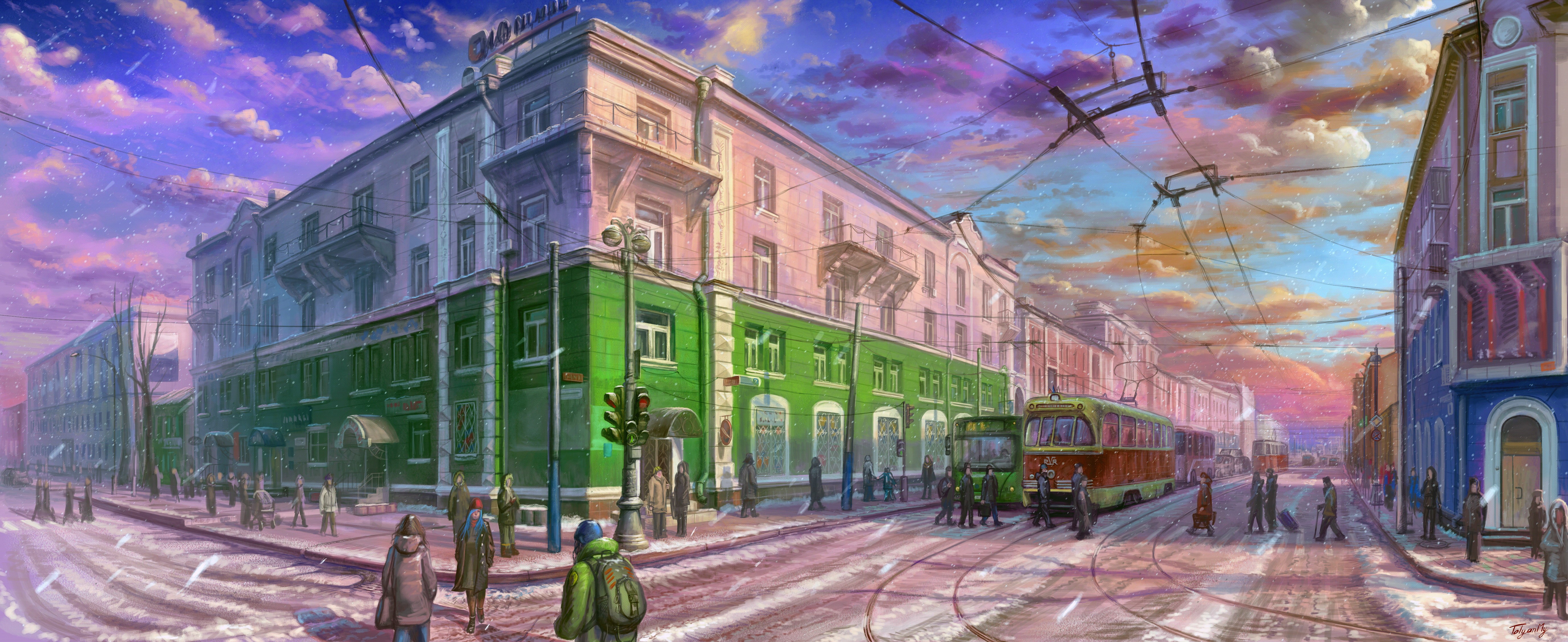 Painting of Irkutsk street in winter at sunset HD Wallpaper
