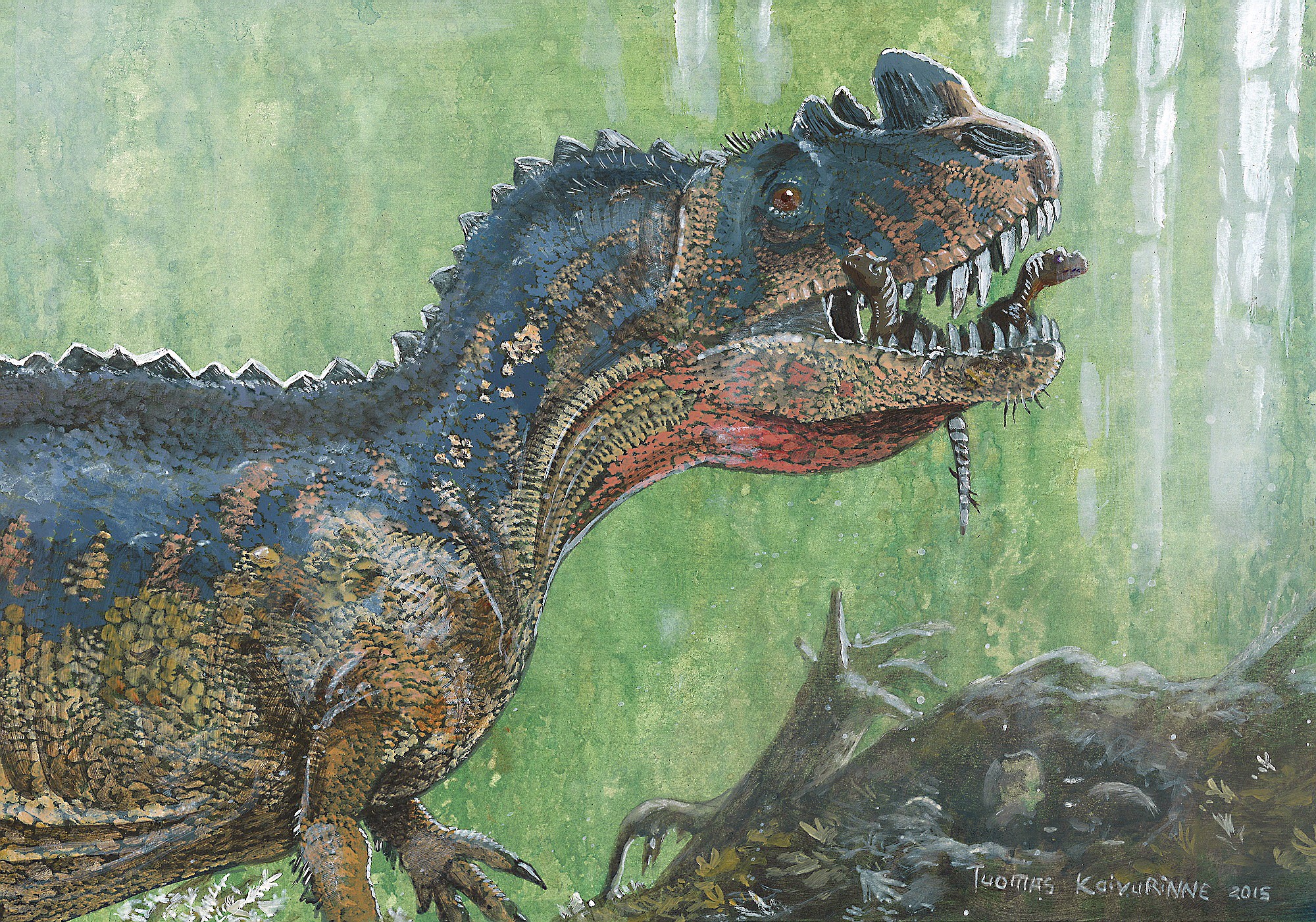 Dinosaur eating a smaller dinosaur, artwork by Tuomas Koivurinne HD Wallpaper