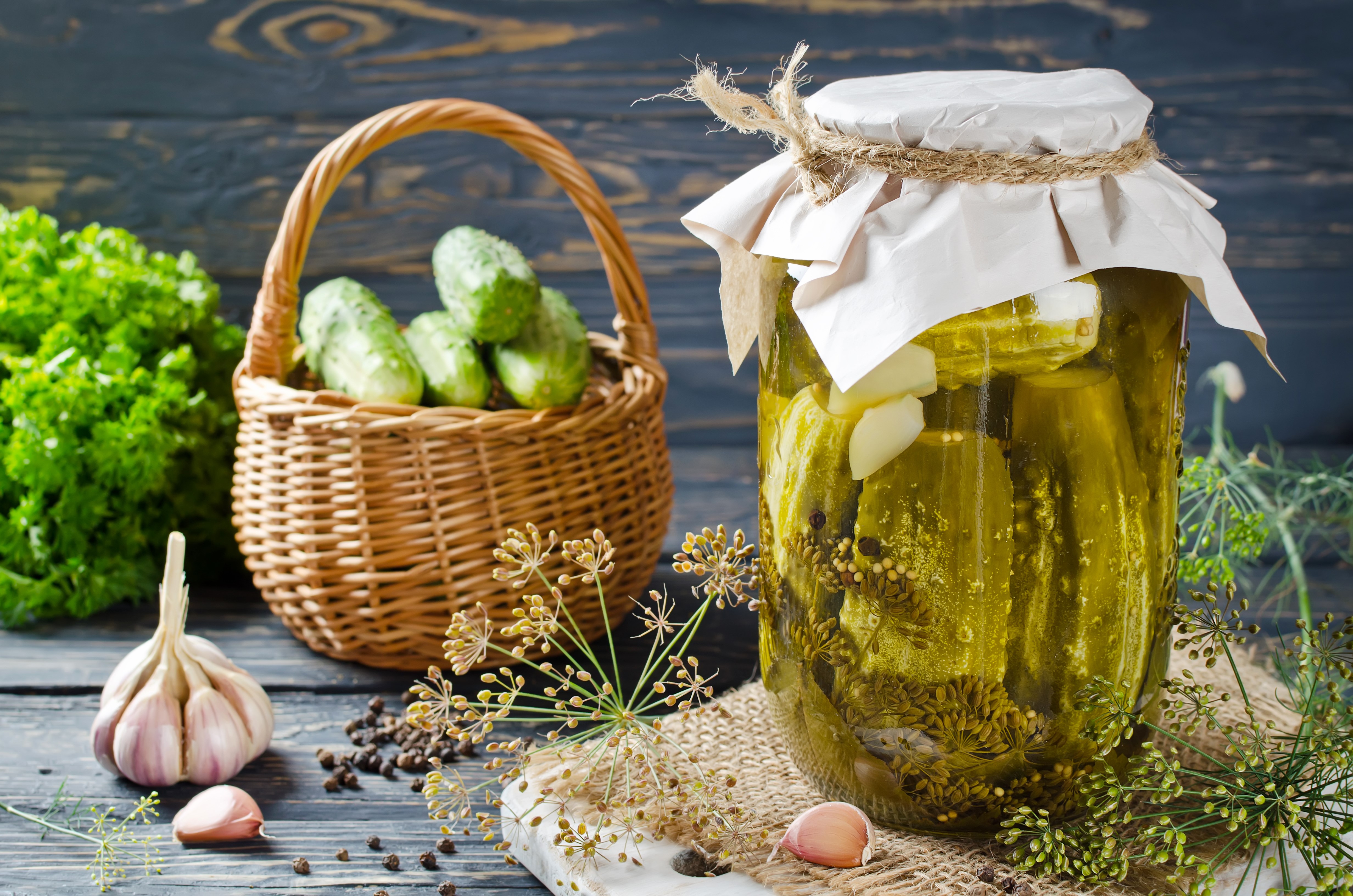 Pickled Cucumbers in a Jar with Ingredients HD Wallpaper