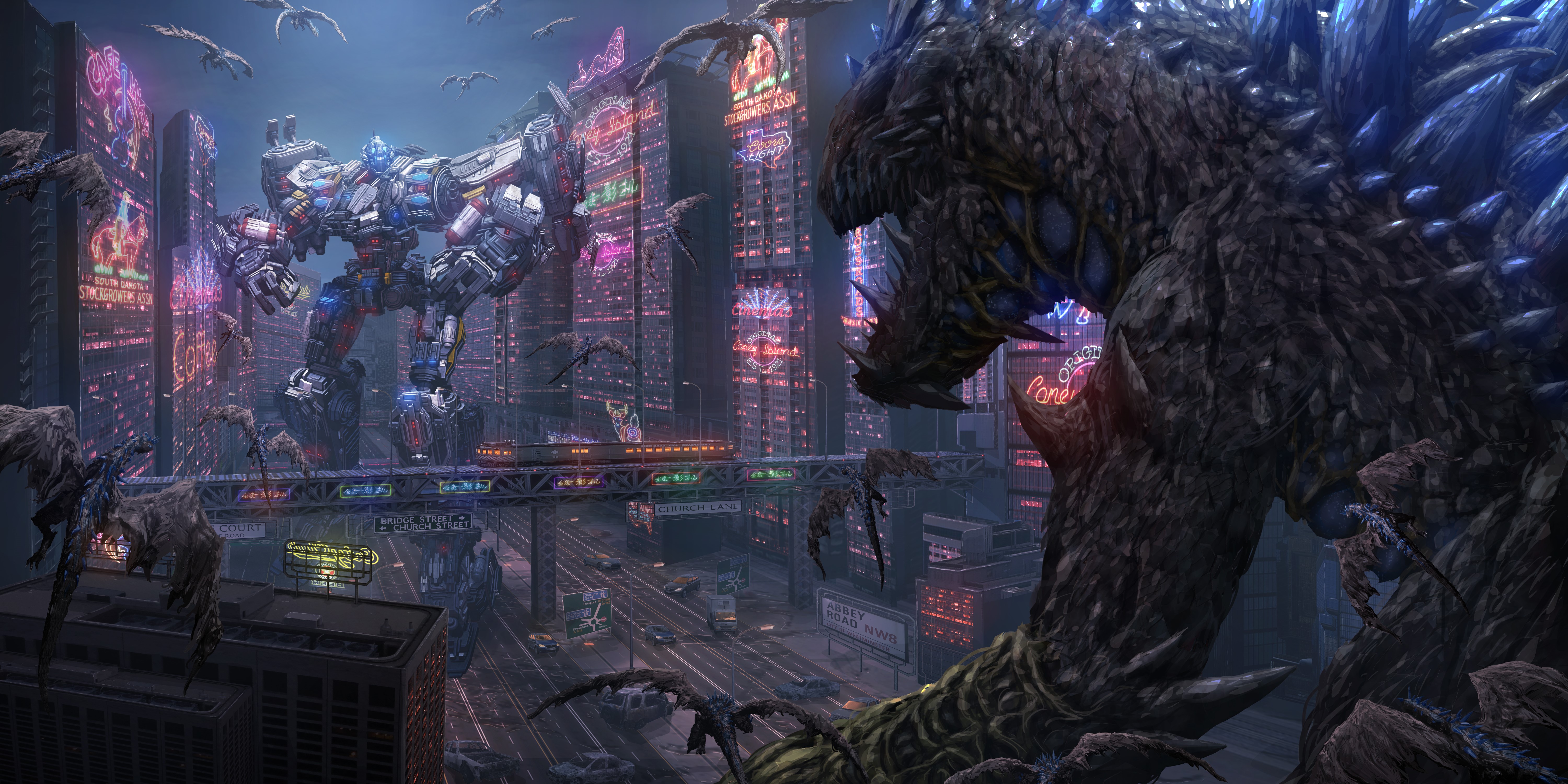 Godzilla and Robot Battle in Neon City HD Wallpaper