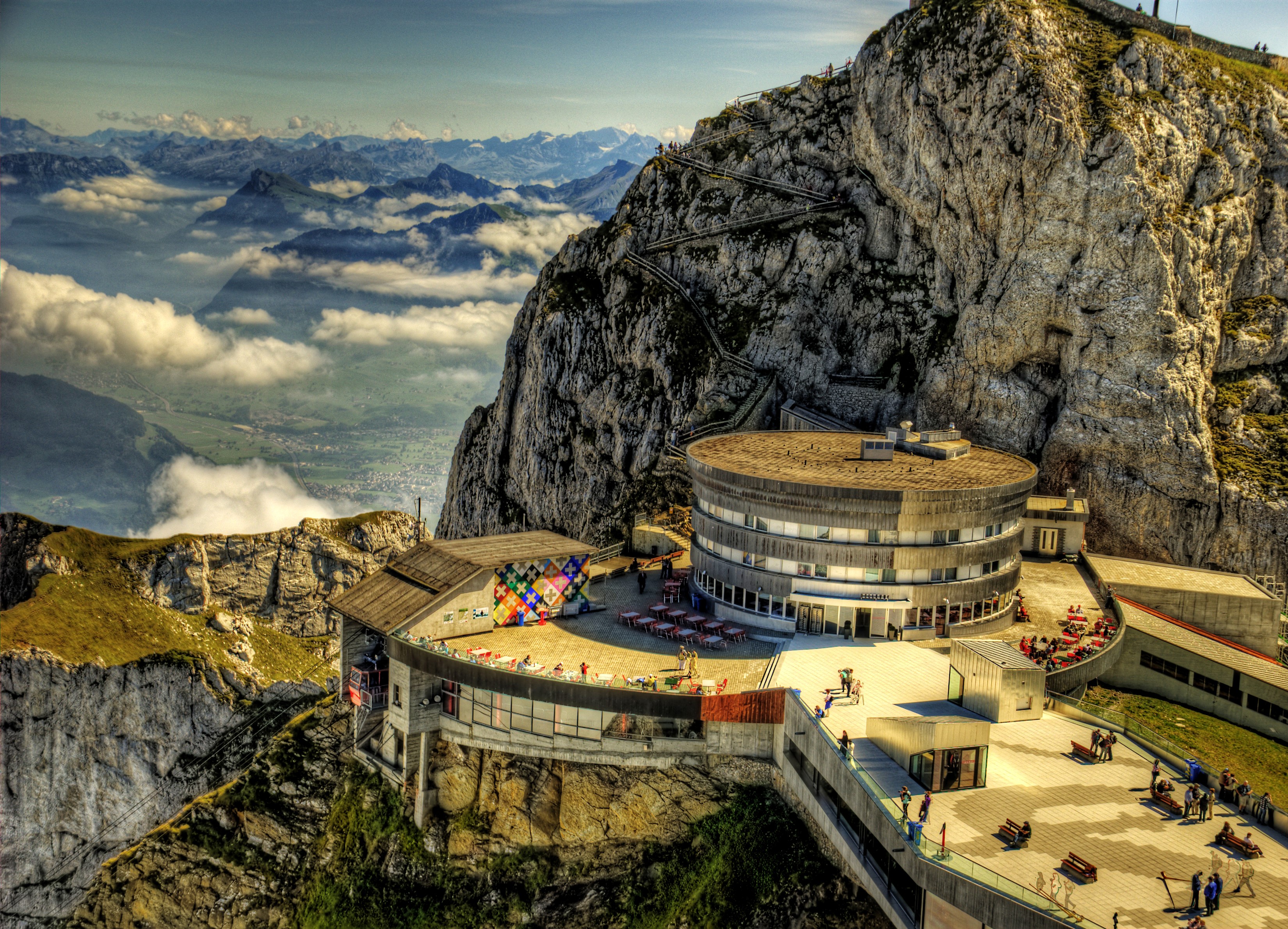 Mount Pilatus Hotel with zigzag path and mountain landscape HD Wallpaper