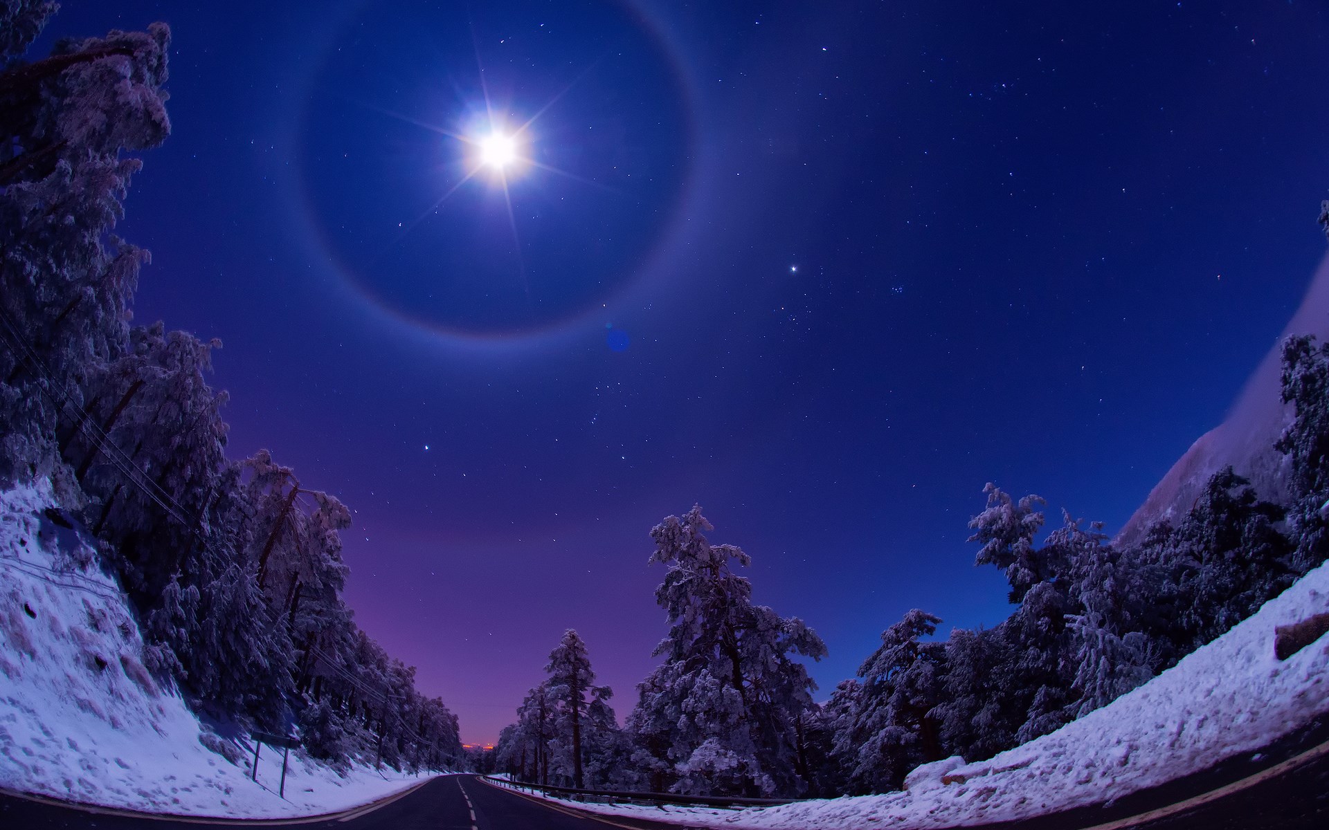 Moon halo over snowy forest road at night HD Wallpaper