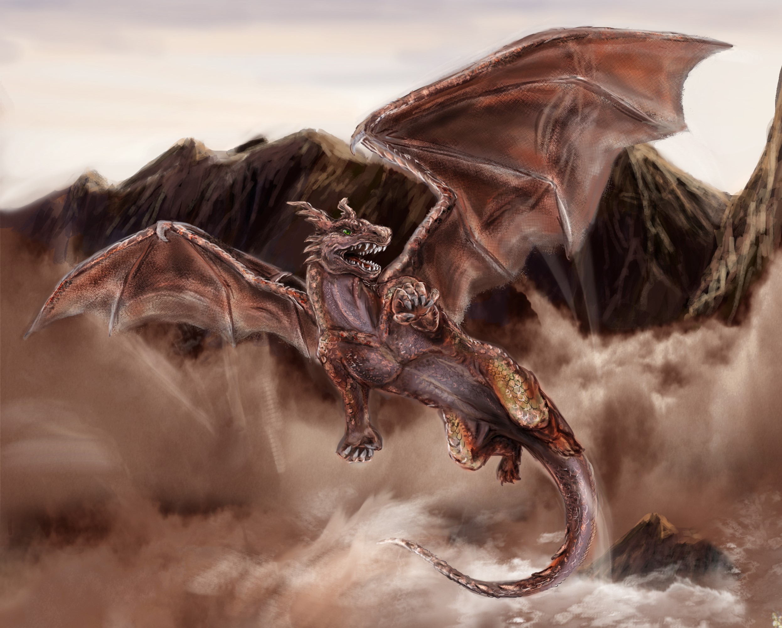 A brown dragon with large wings flies over mountains and clouds. HD Wallpaper
