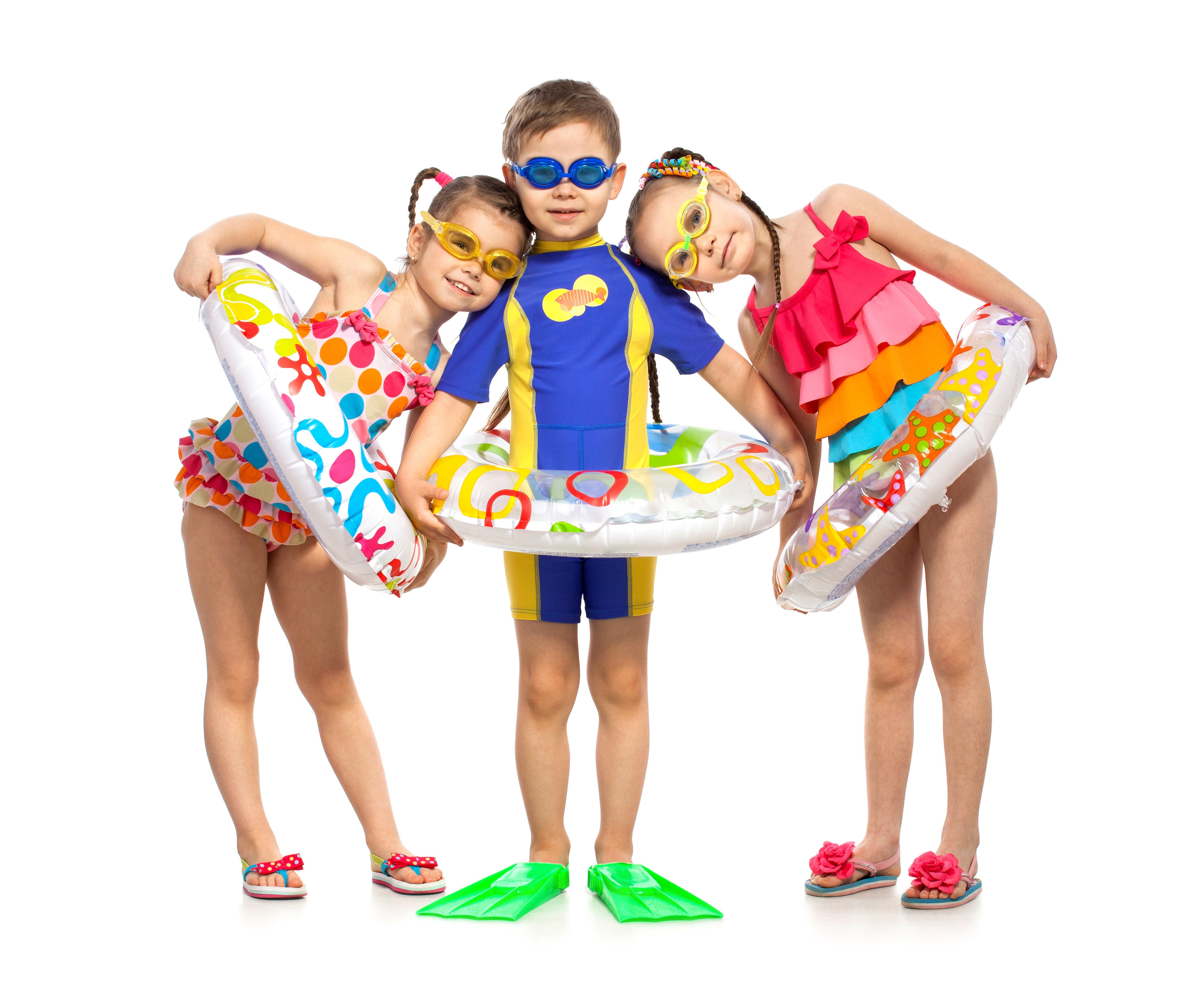 Three children in swimwear with inflatable rings HD Wallpaper