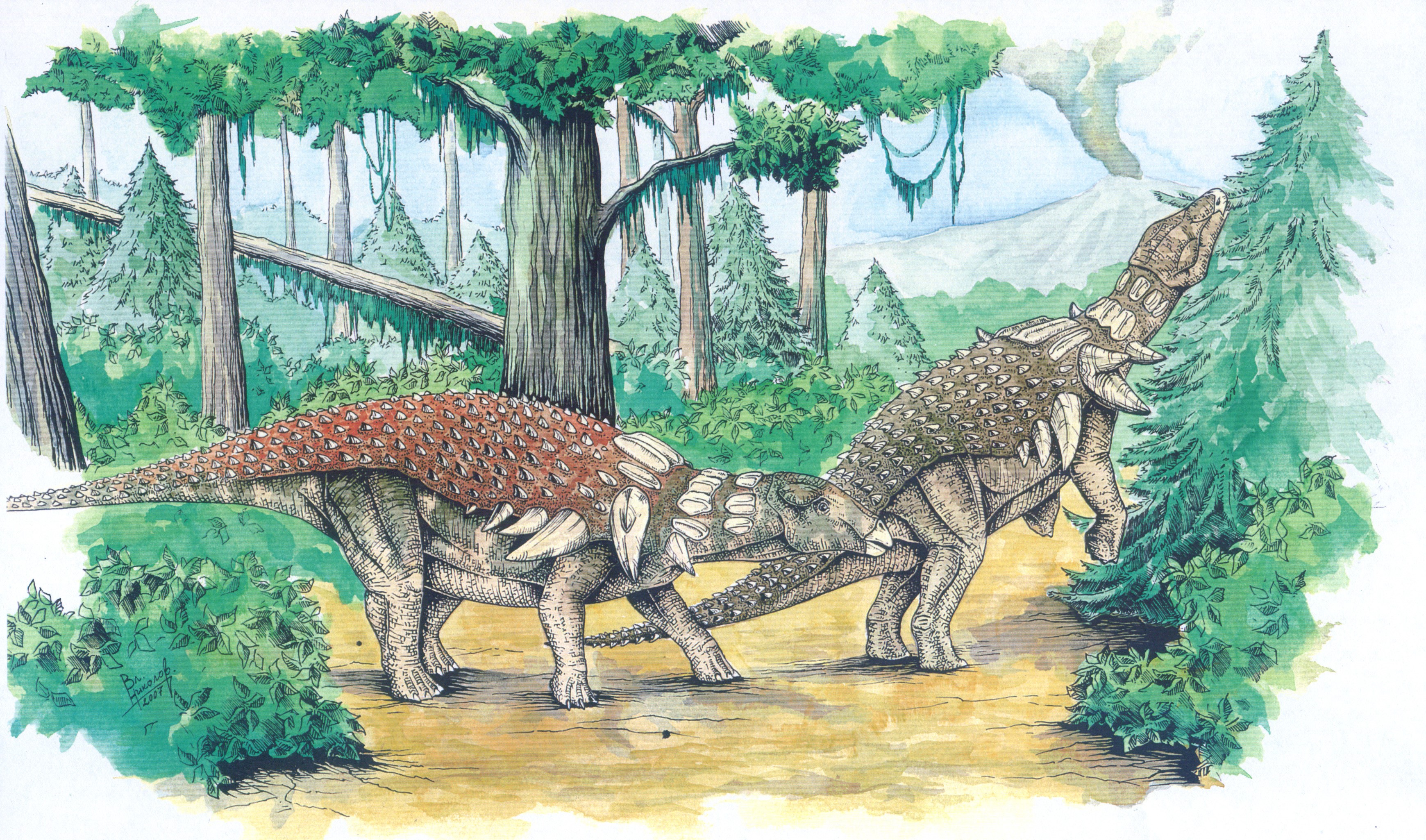 Two Ankylosaurus dinosaurs in a prehistoric forest HD Wallpaper