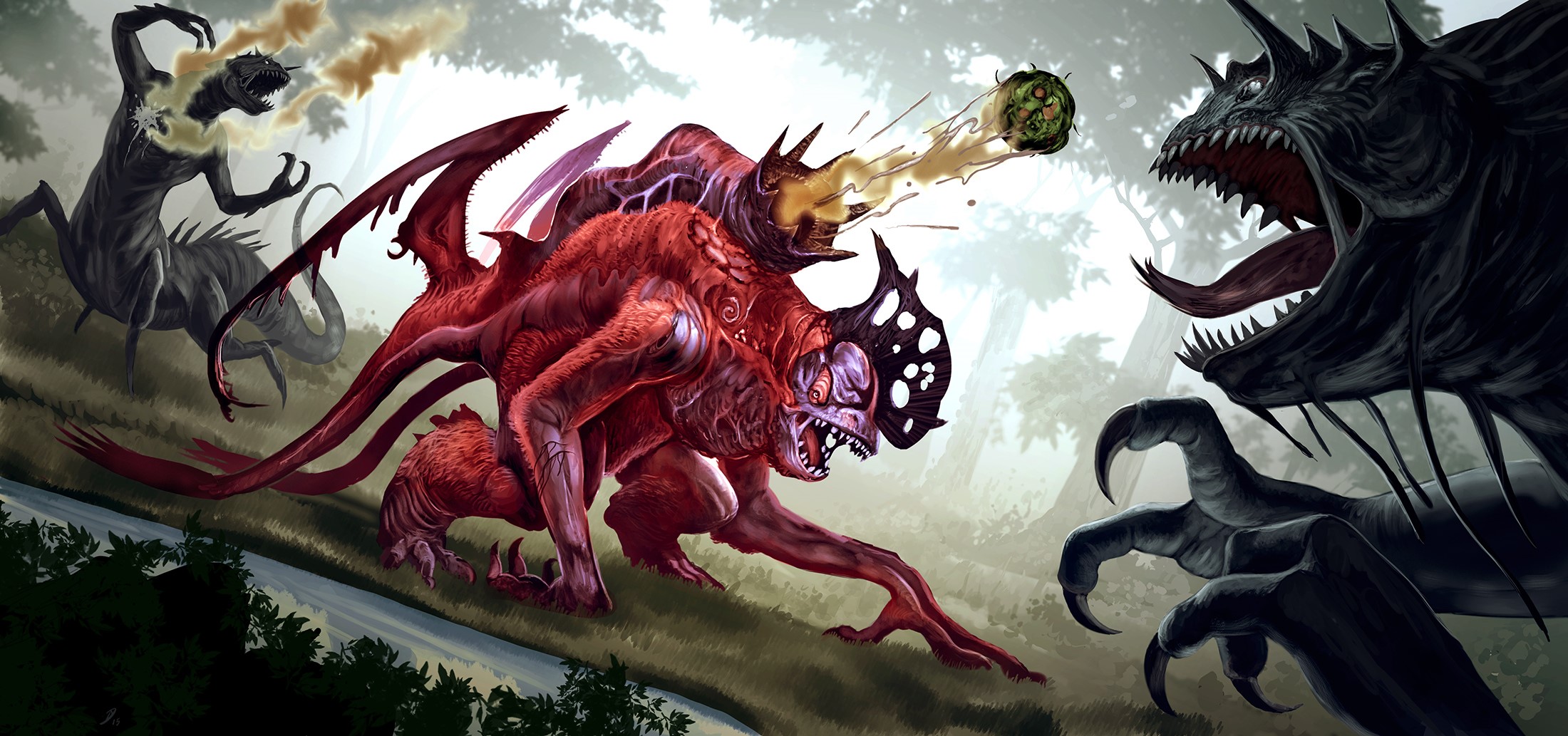 Monsters battling in a forest HD Wallpaper