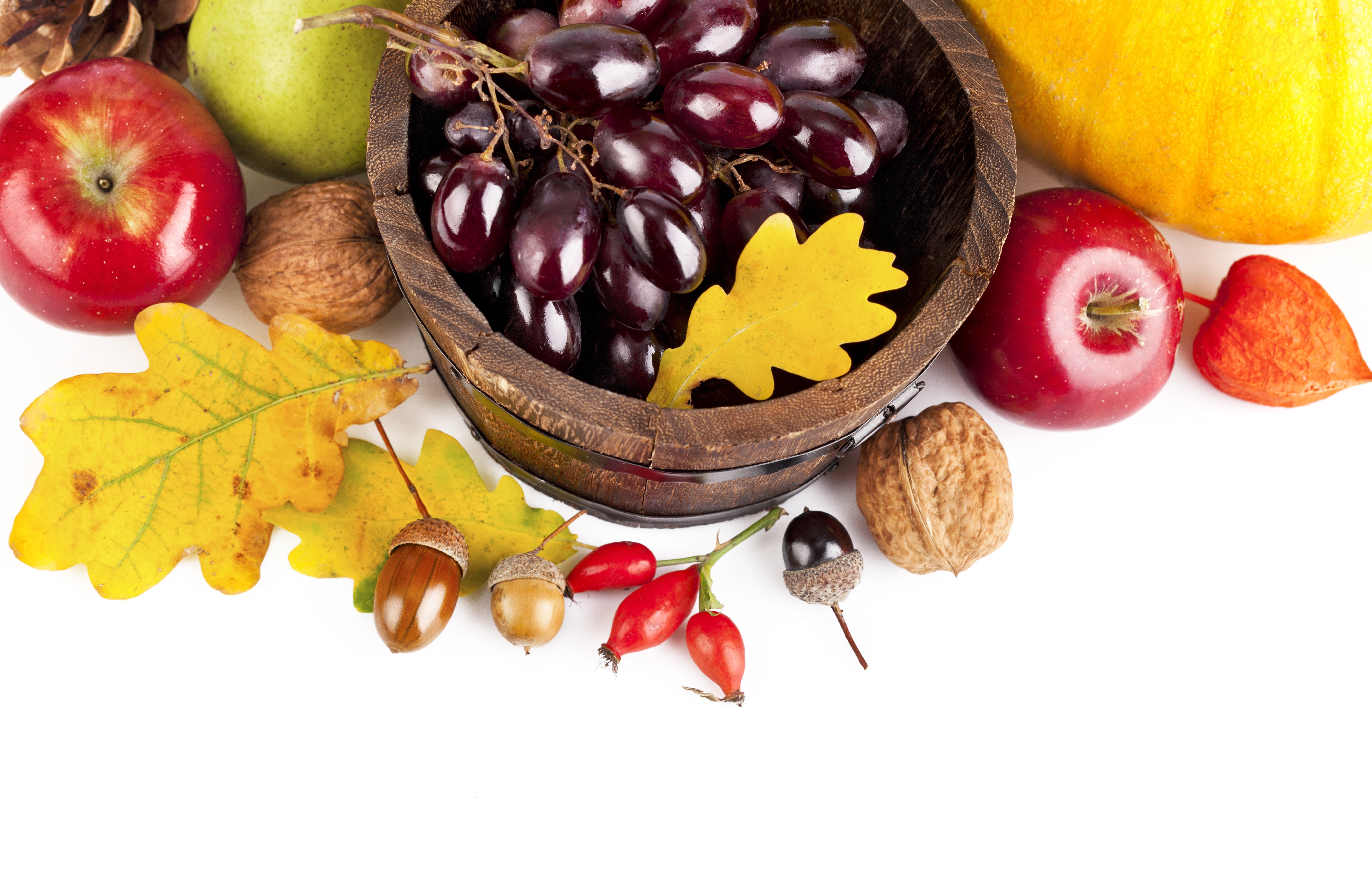 Autumn harvest with apples, grapes, nuts, and leaves HD Wallpaper