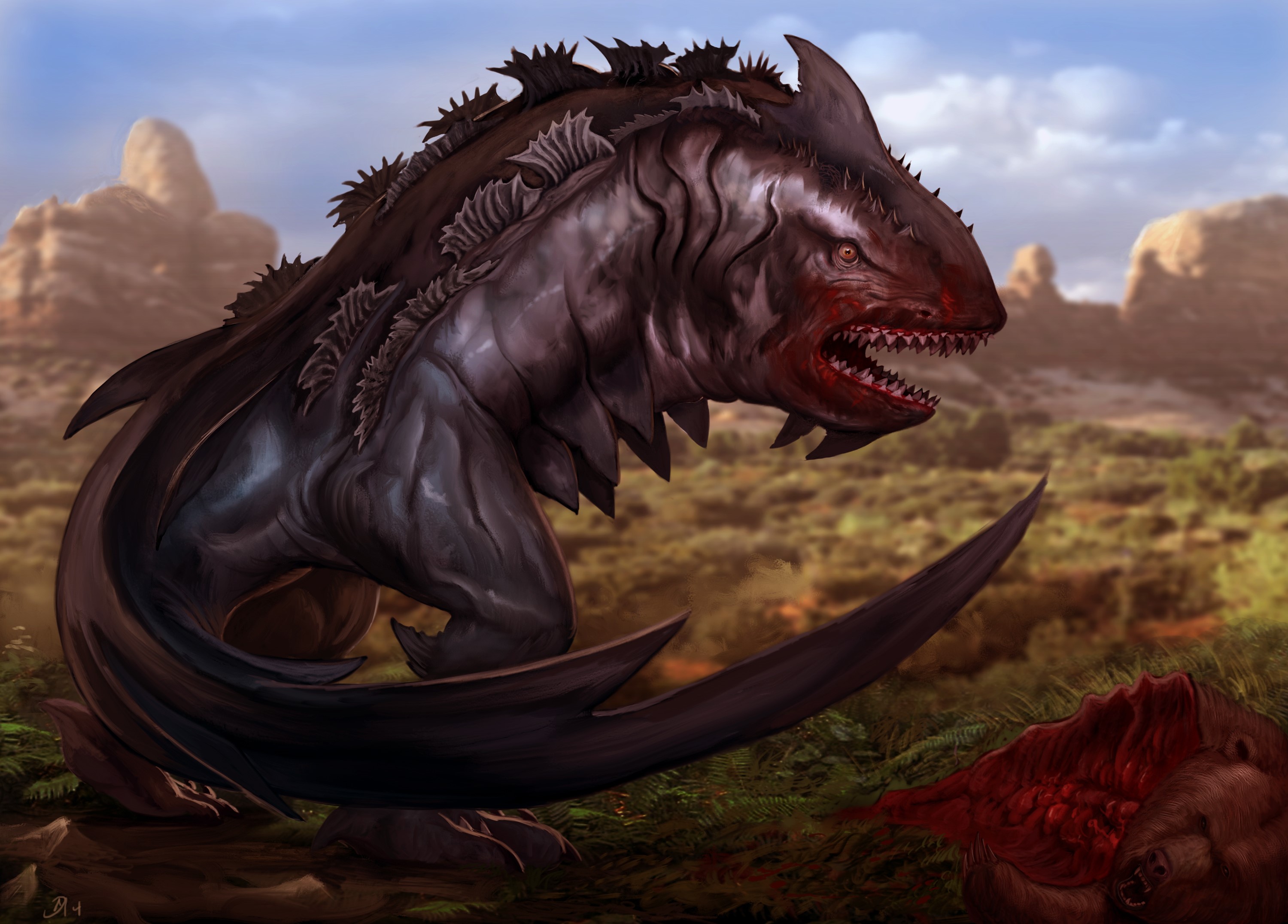 Monster with sharp teeth and spikes in a rocky landscape HD Wallpaper