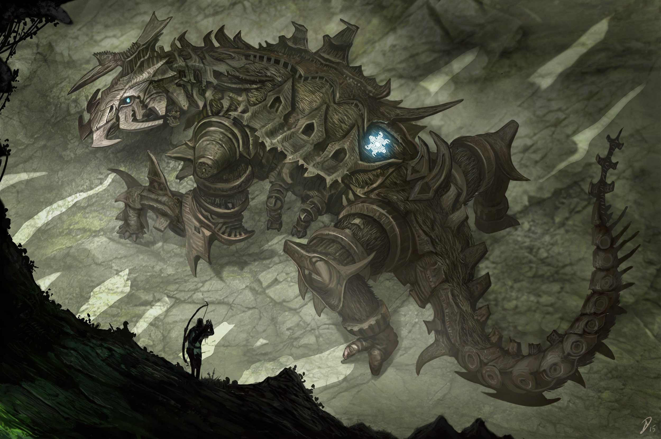 Giant mechanical creature in a cave with a lone archer HD Wallpaper