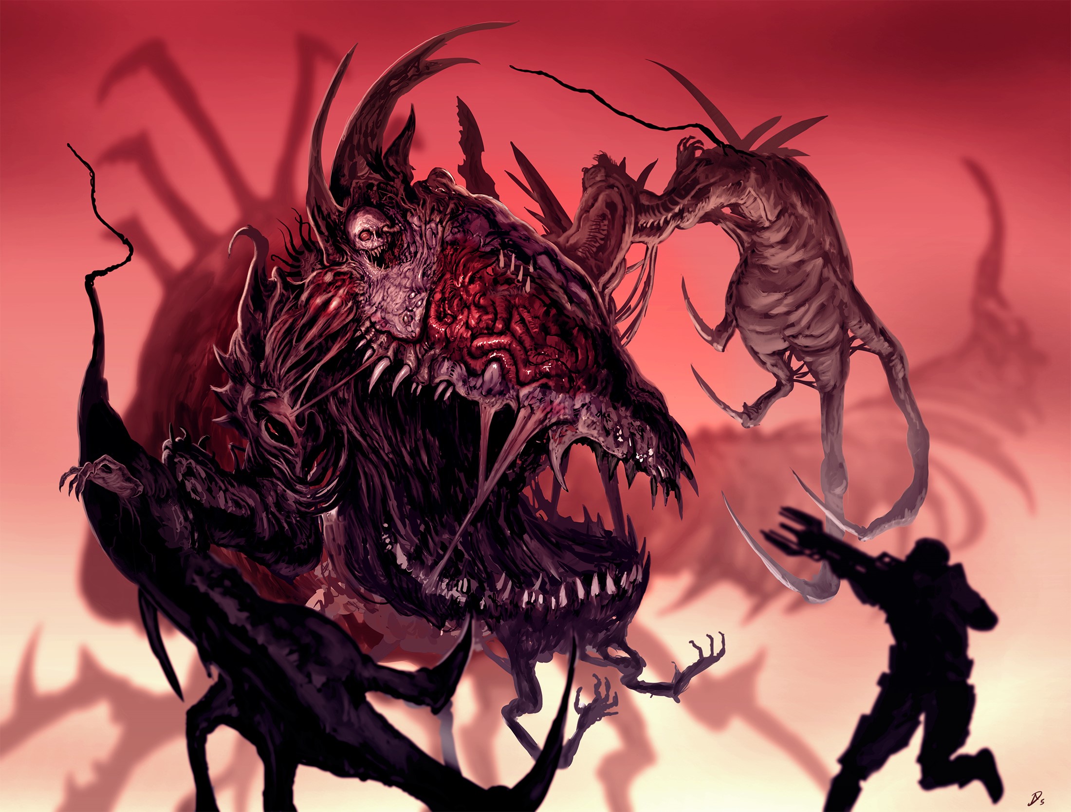 Monsters battling a soldier in a red landscape HD Wallpaper