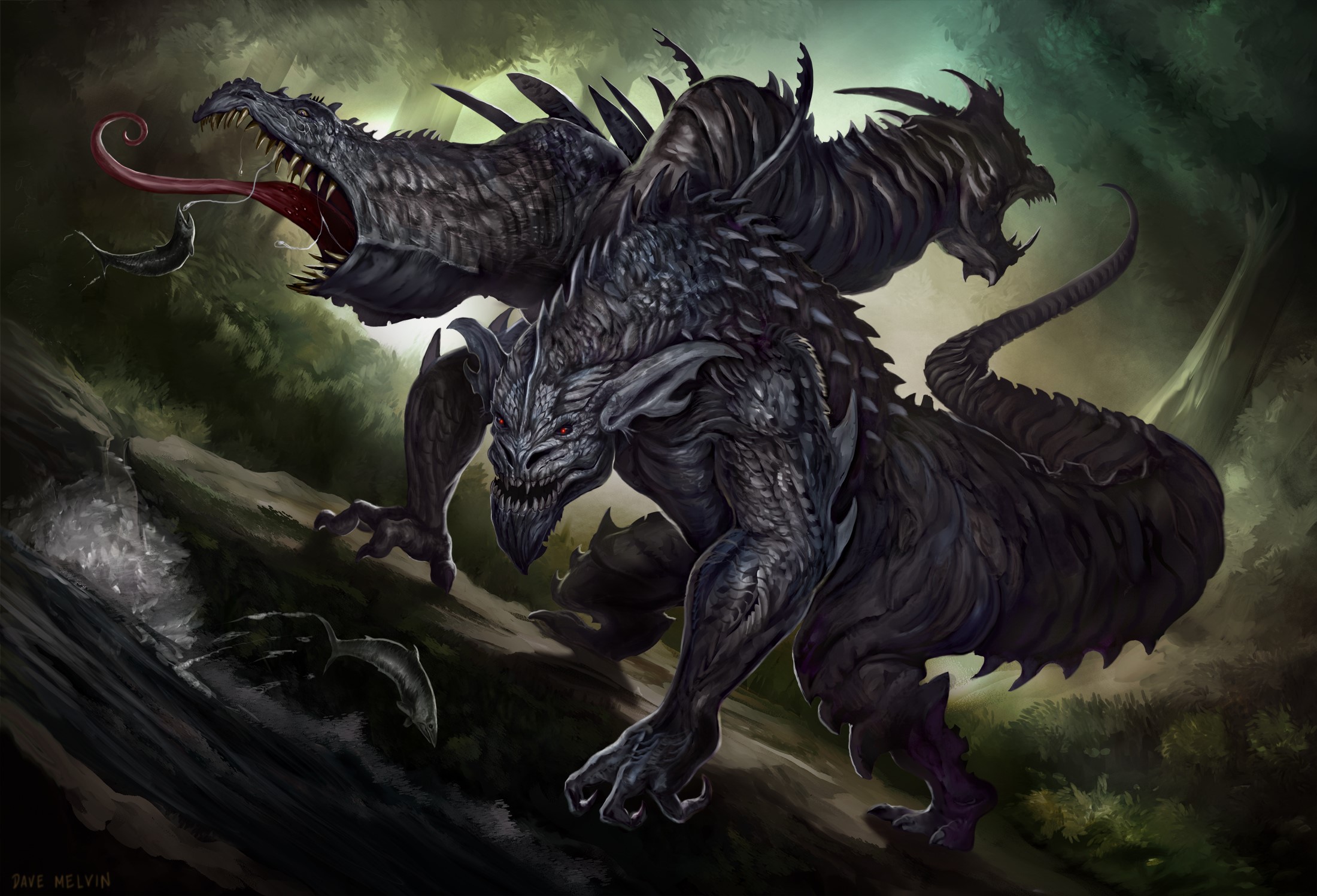 Three-headed dragon monster in a dark forest HD Wallpaper