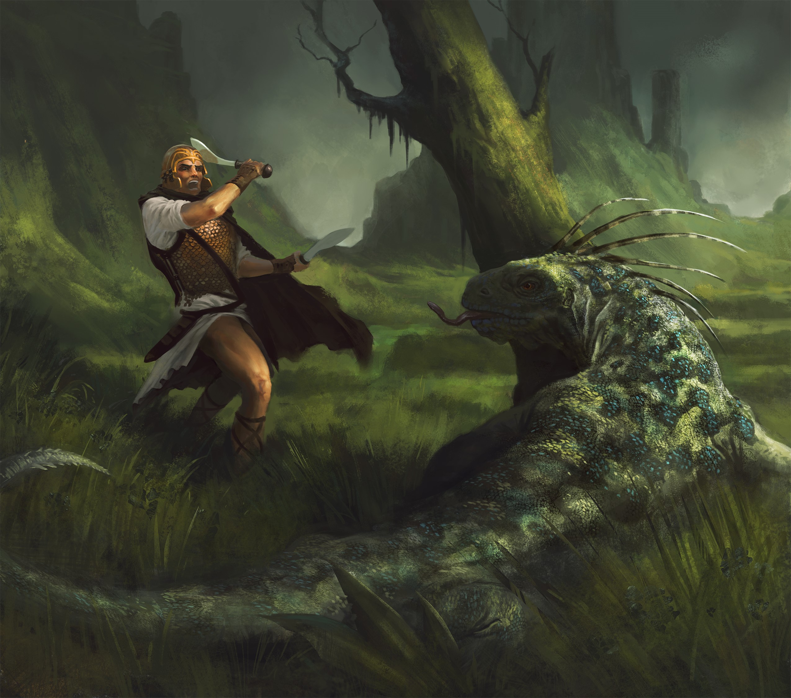 Man fighting a large lizard creature in a swamp HD Wallpaper