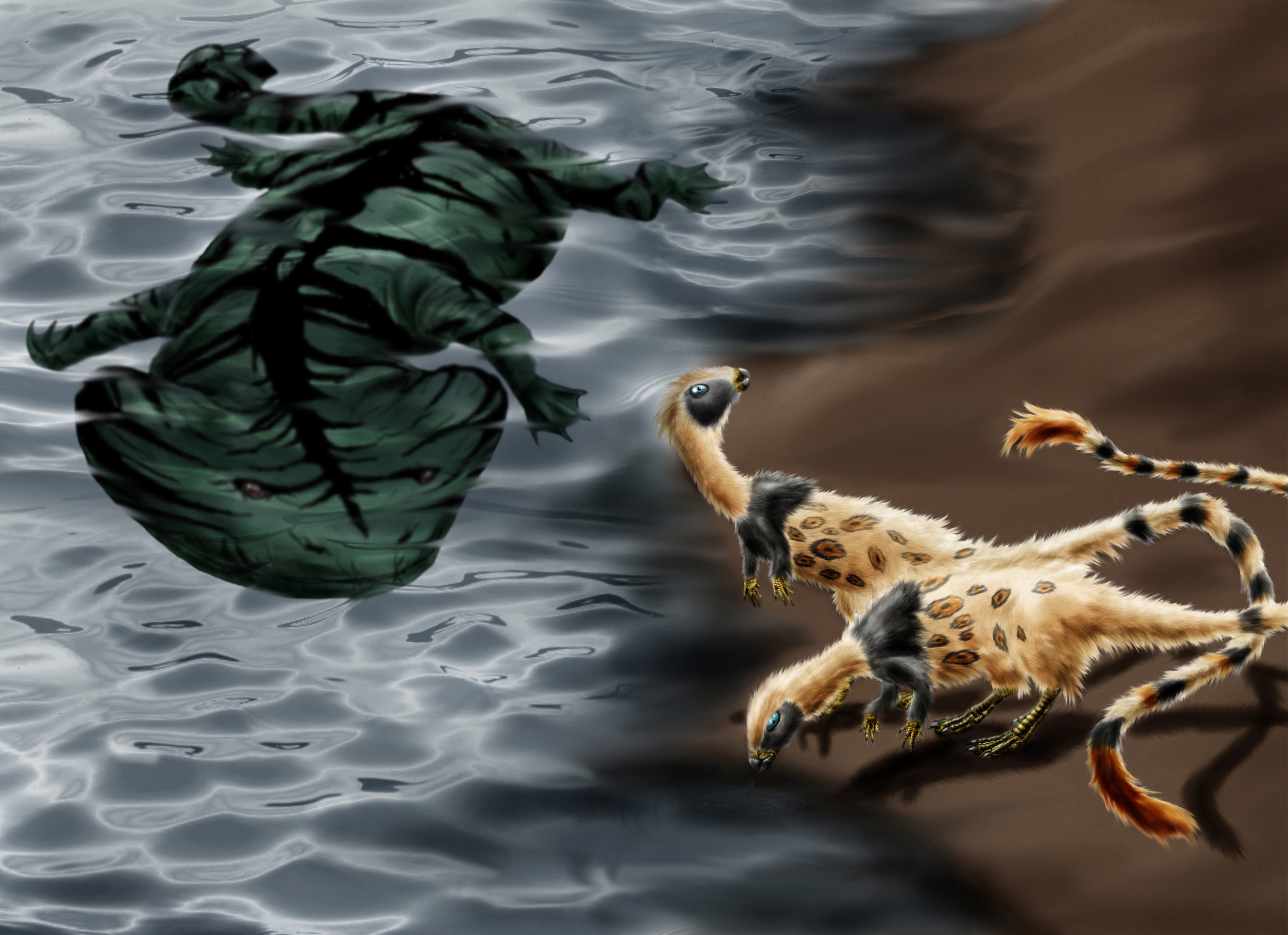 Ancient creatures in water and on land HD Wallpaper