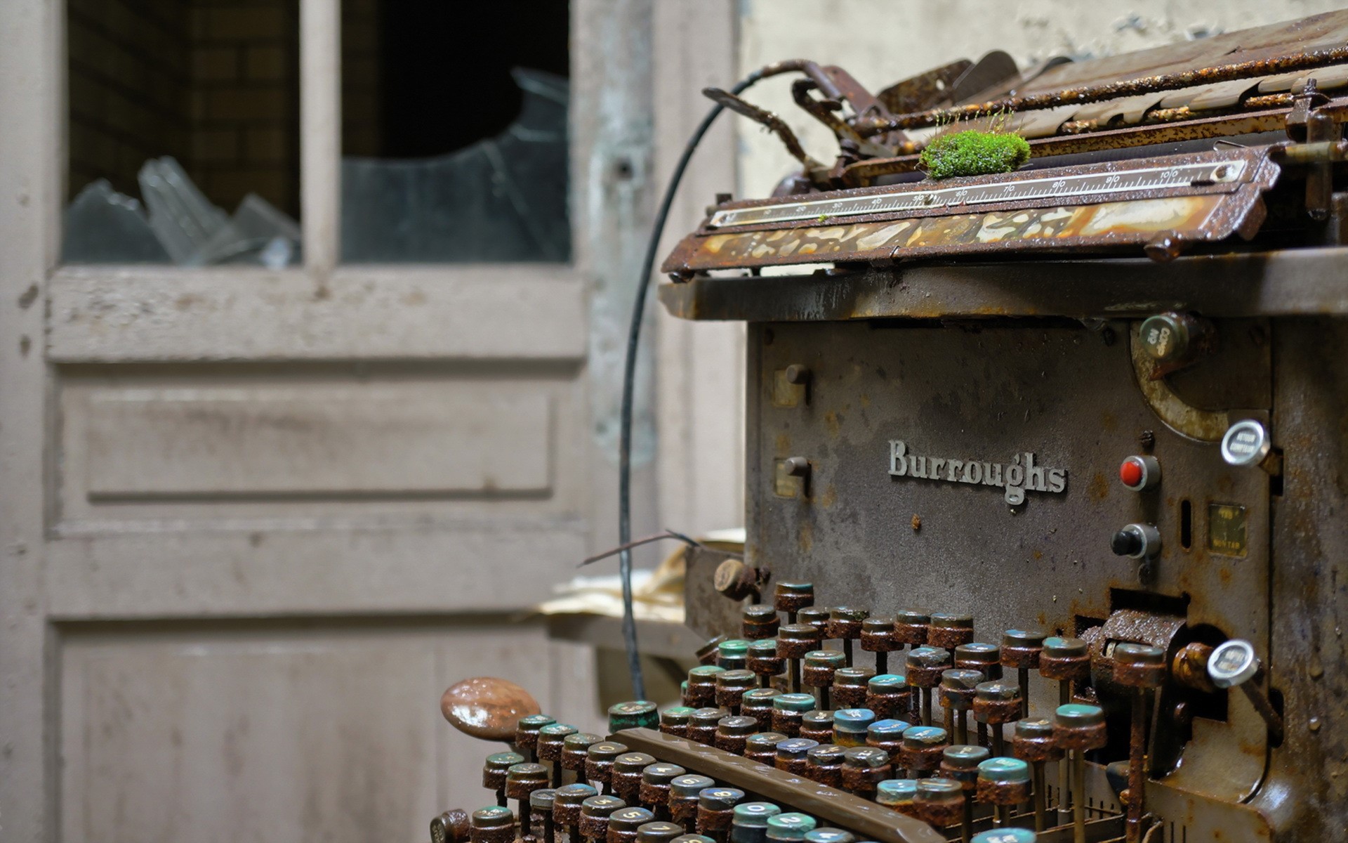 Abandoned Burroughs typewriter with moss HD Wallpaper