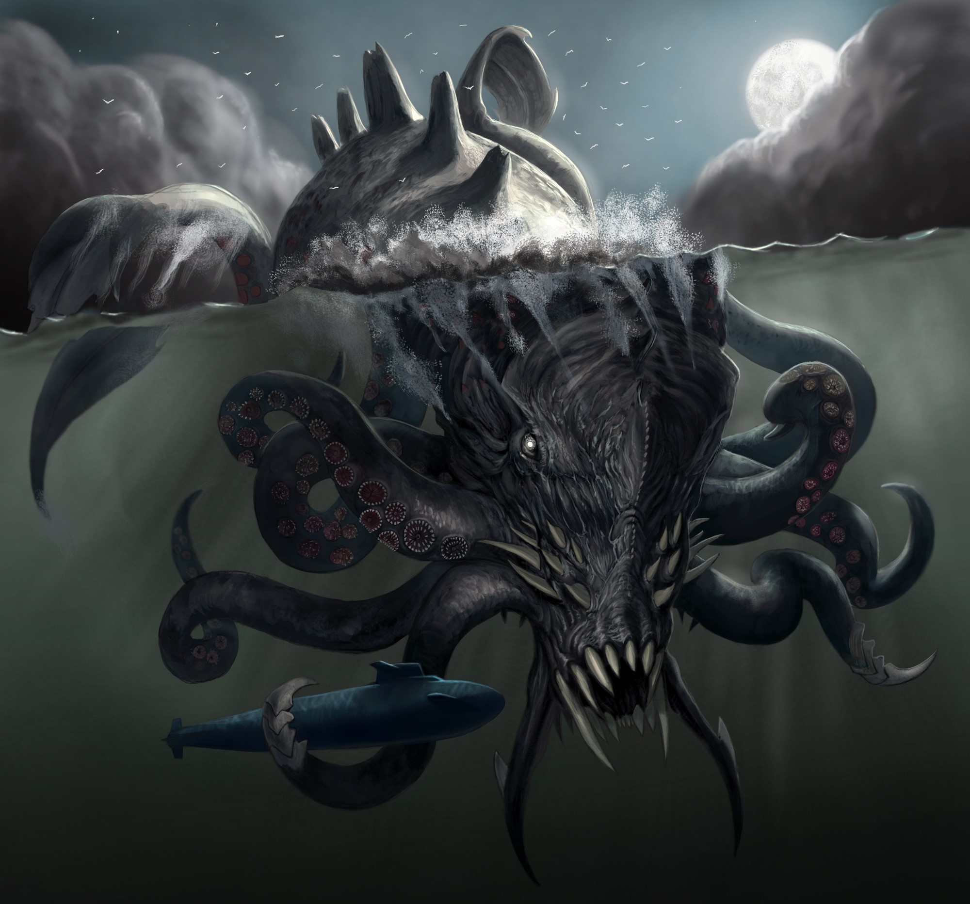 Giant Kraken attacks submarine near rocky islands under moonlit sky HD Wallpaper