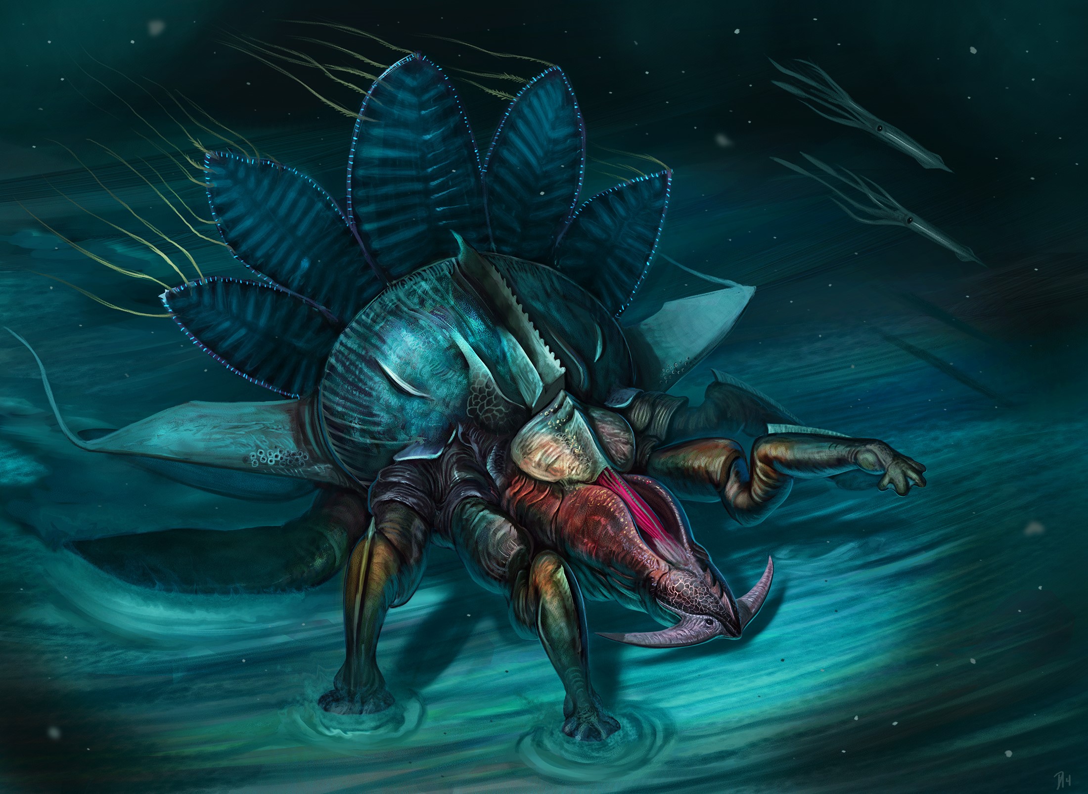 Alien creature with fins and claws in dark water HD Wallpaper