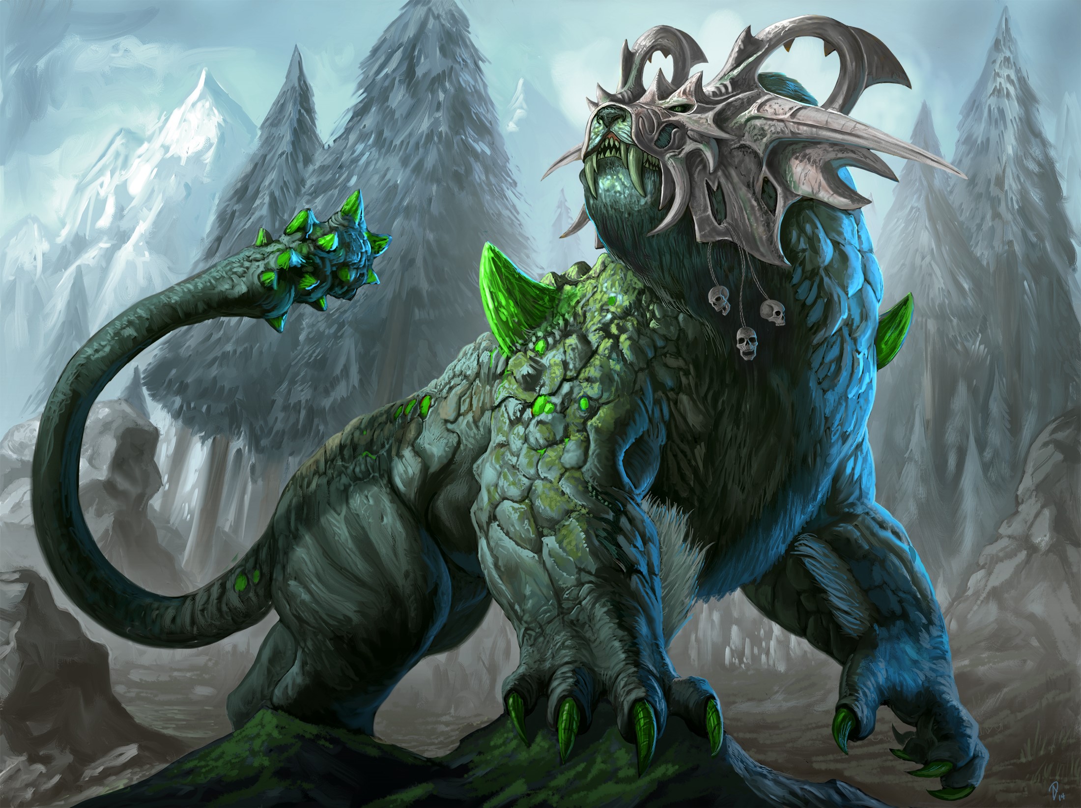 Monstrous creature with skull helmet in a forest HD Wallpaper