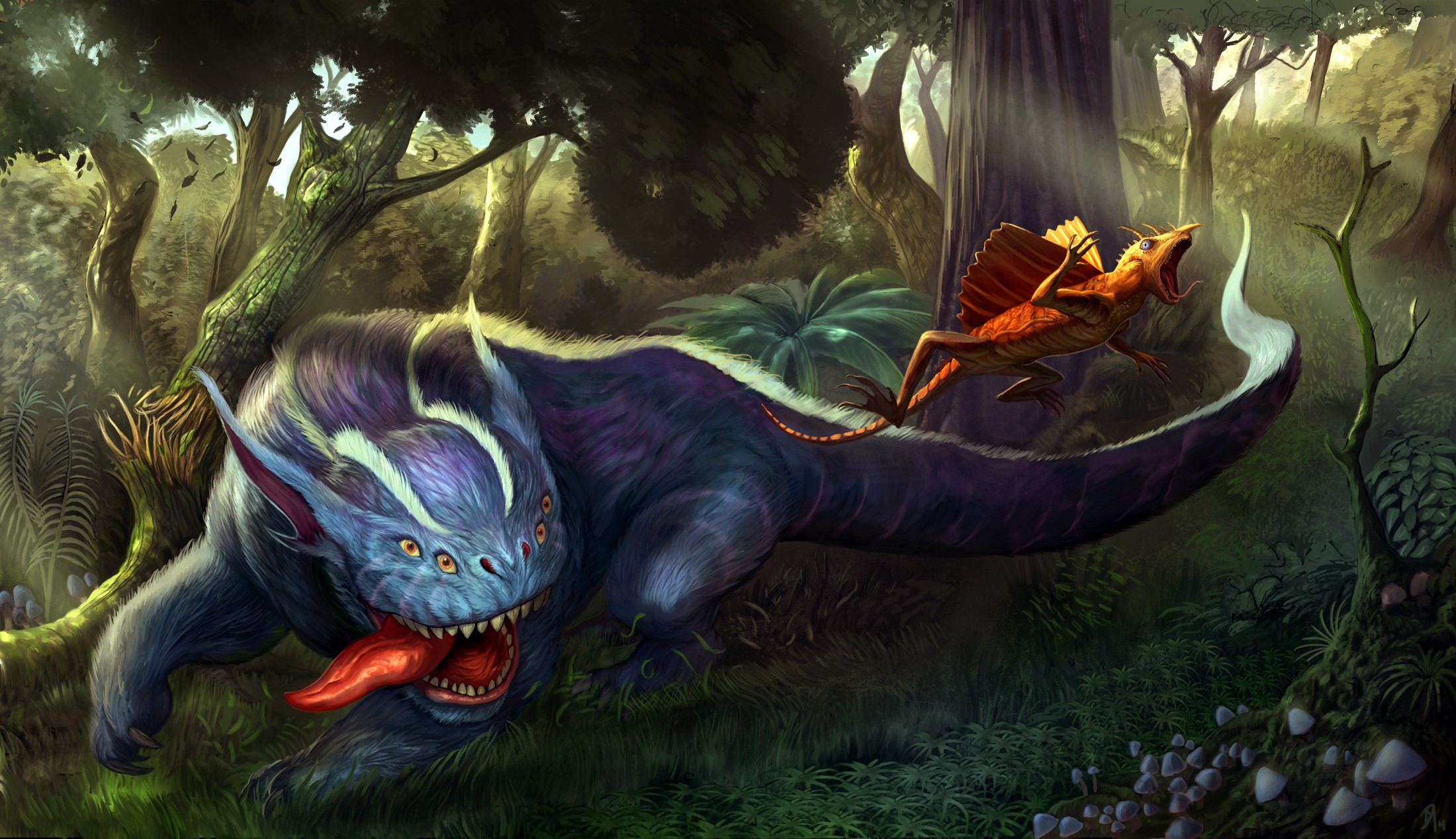 Blue furry monster and lizard in a forest HD Wallpaper