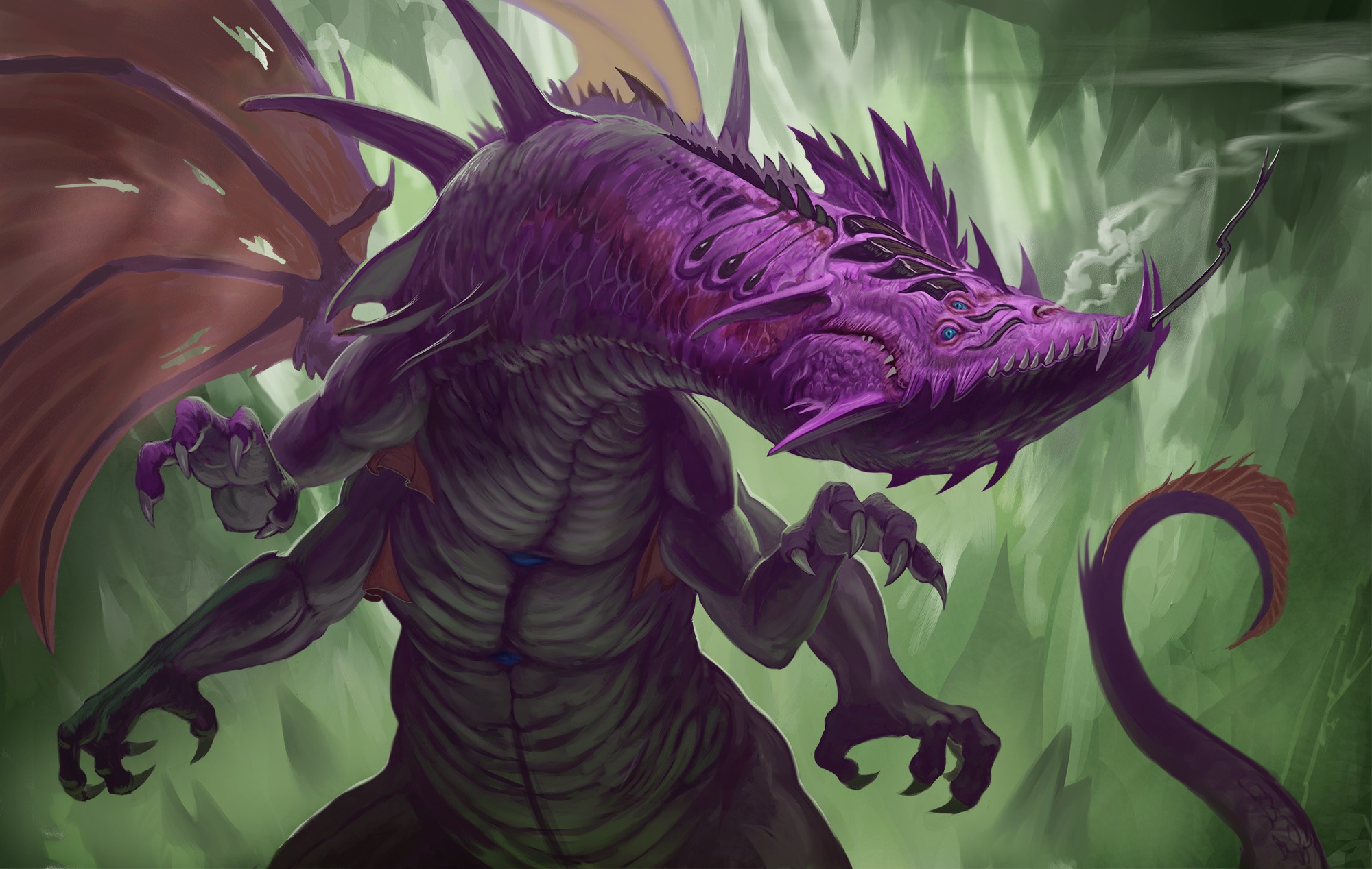 Purple dragon smoking a pipe in a forest HD Wallpaper
