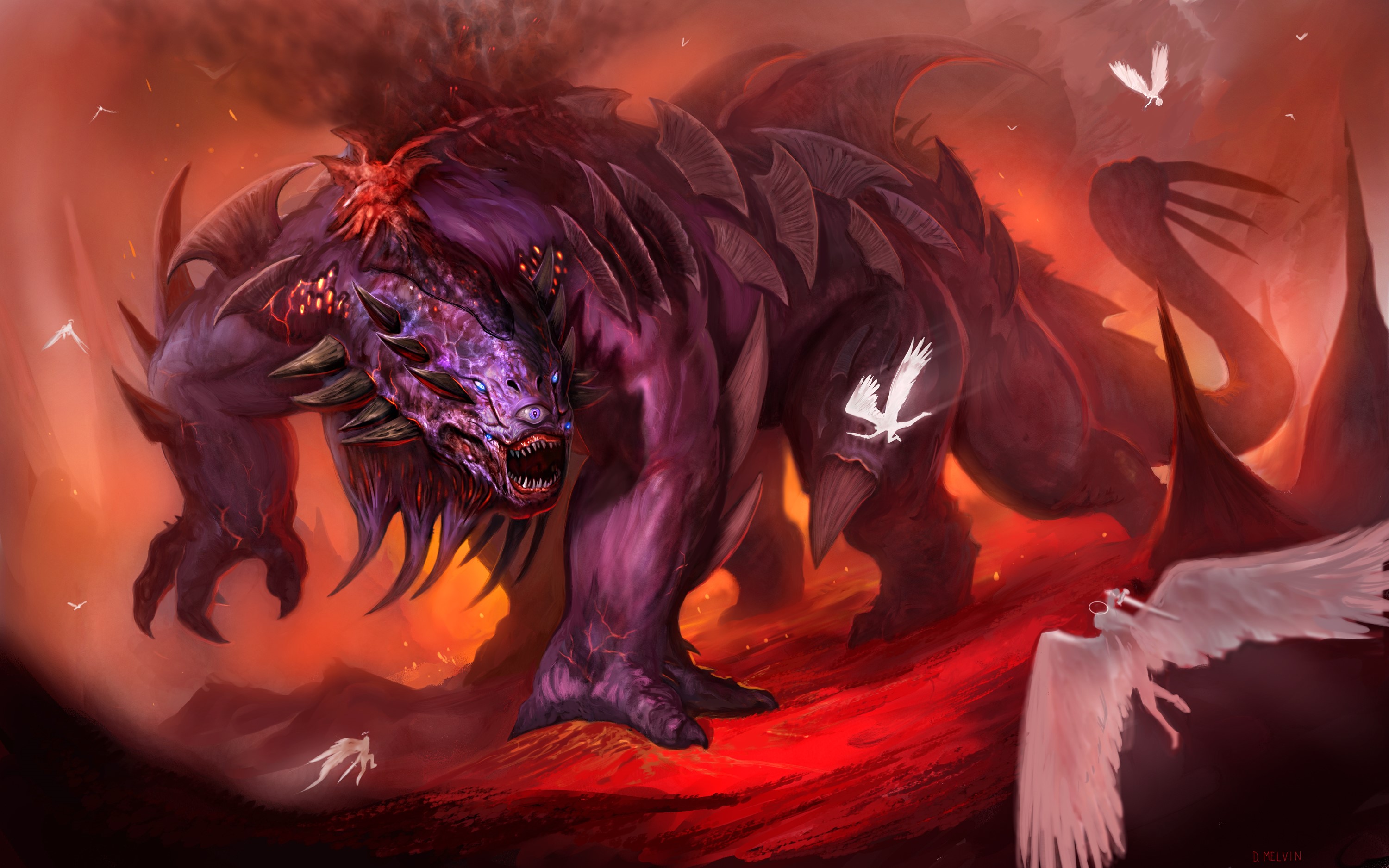 Monster and Angels in a fiery landscape HD Wallpaper