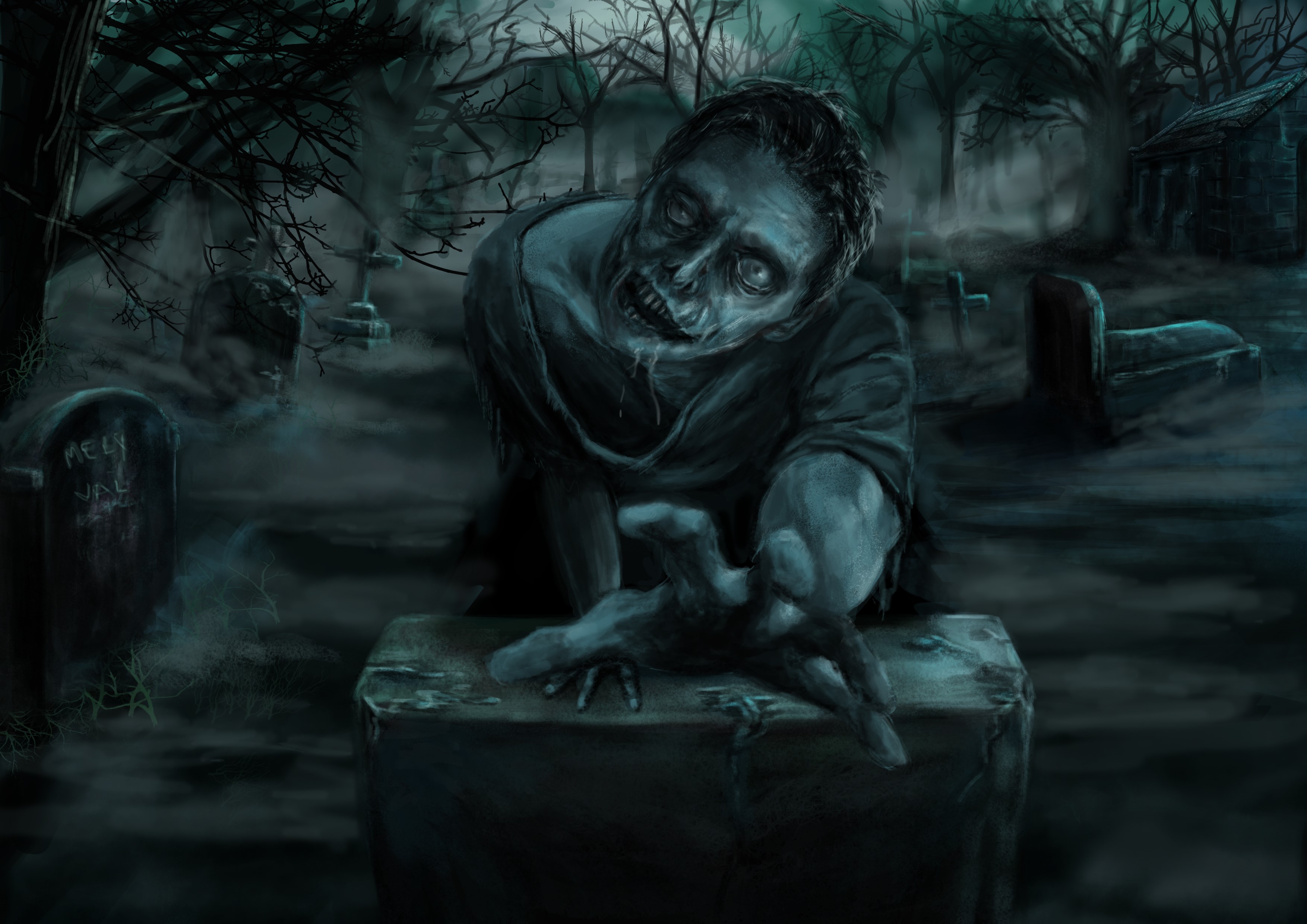Zombie rising from a grave in a foggy graveyard HD Wallpaper