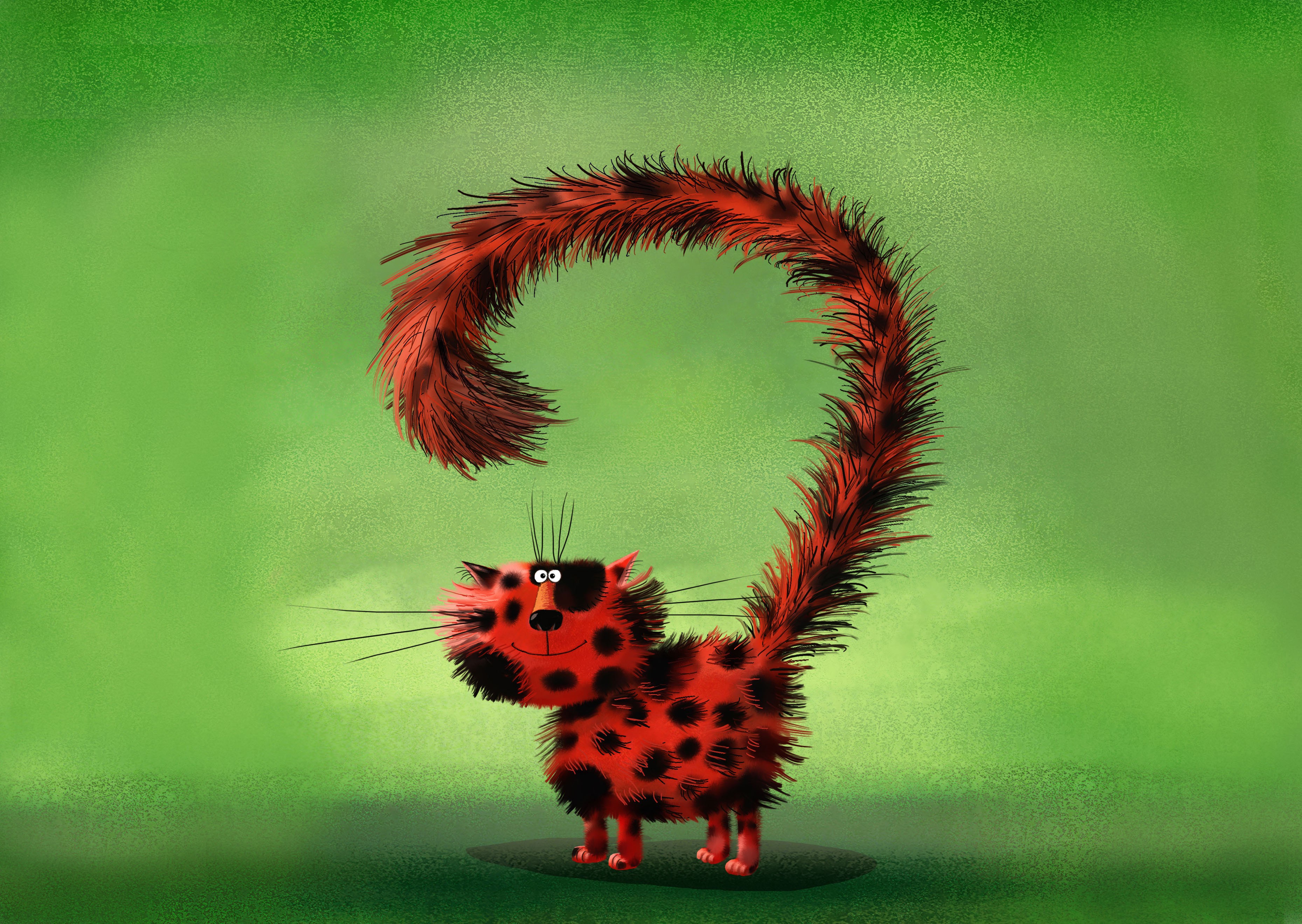 Fluffy red and black spotted cat with a question mark tail HD Wallpaper