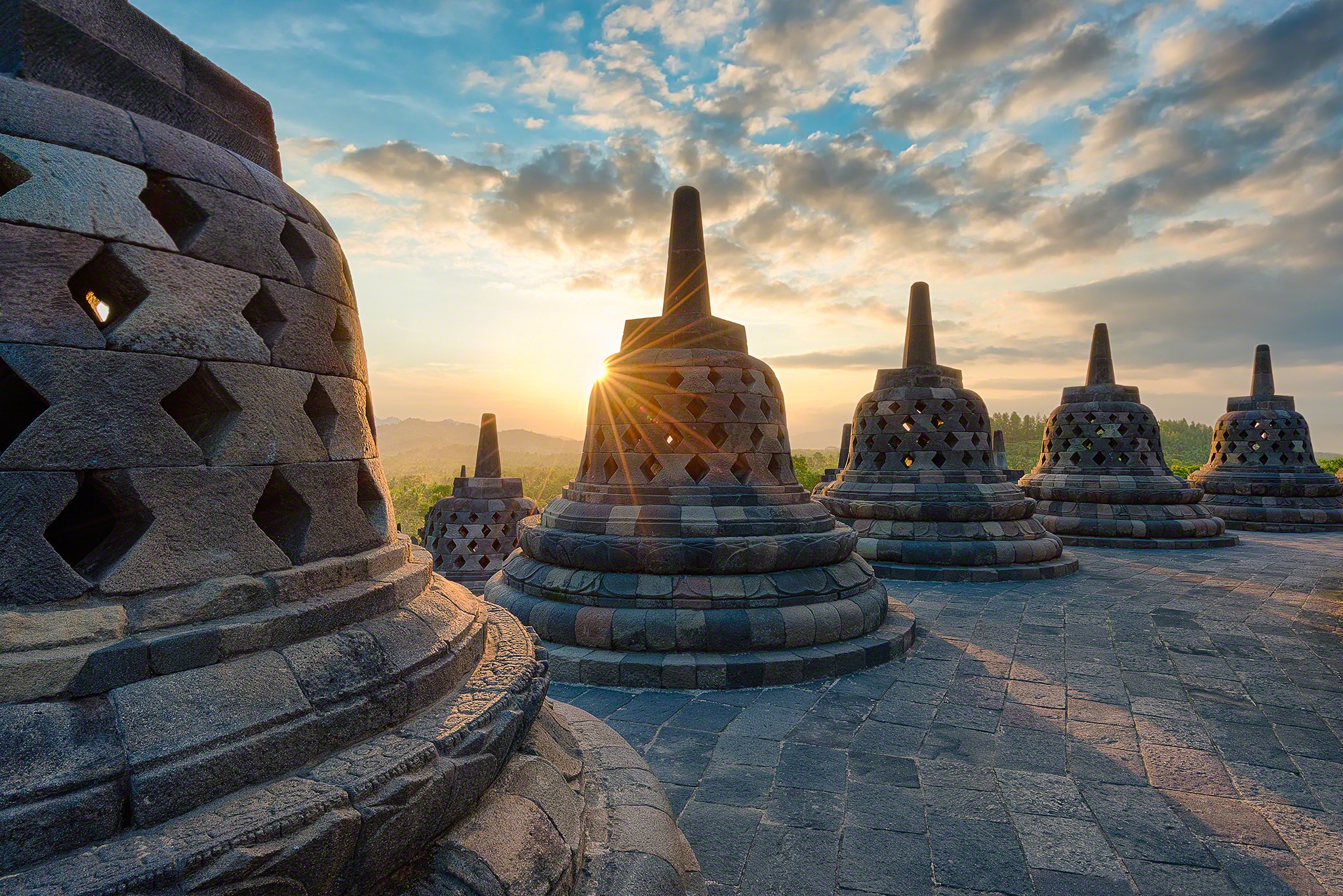 Borobudur Temple stupas at sunrise, Indonesia HD Wallpaper