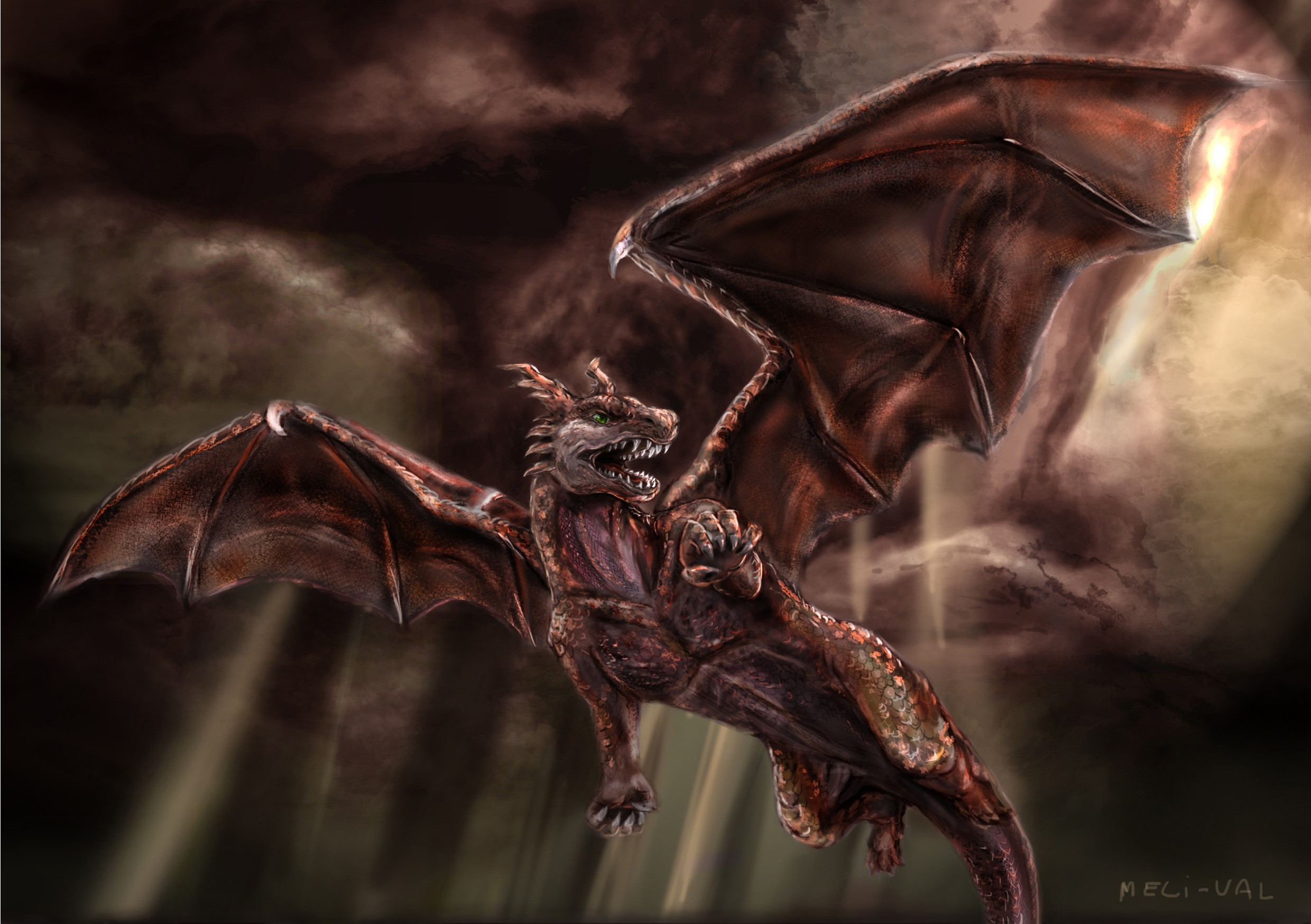 A dragon with large wings flying through dark clouds HD Wallpaper