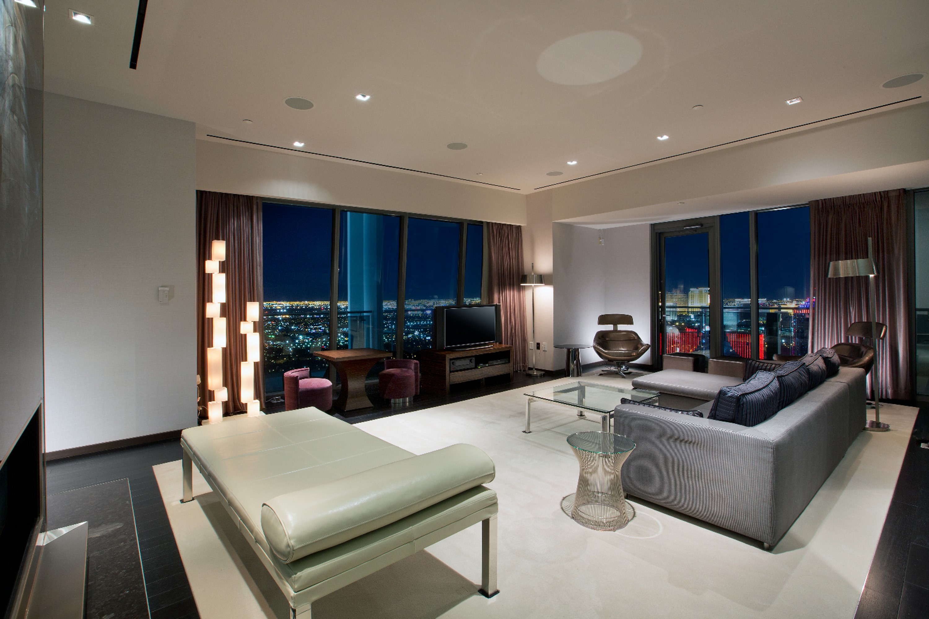 Luxury penthouse living room with city view HD Wallpaper