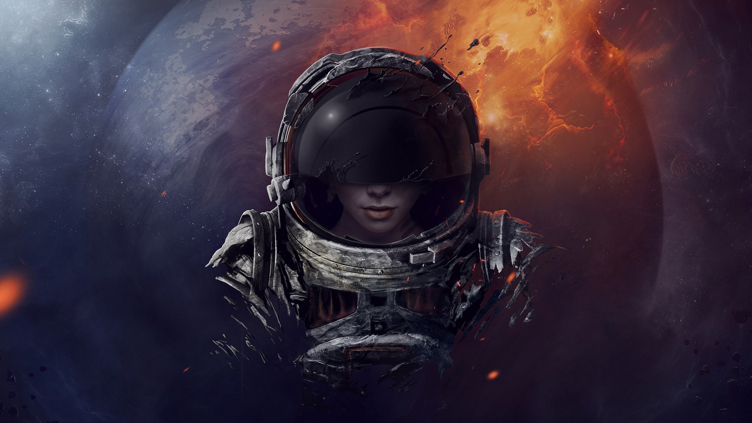 Astronaut in a damaged helmet against a cosmic background HD Wallpaper