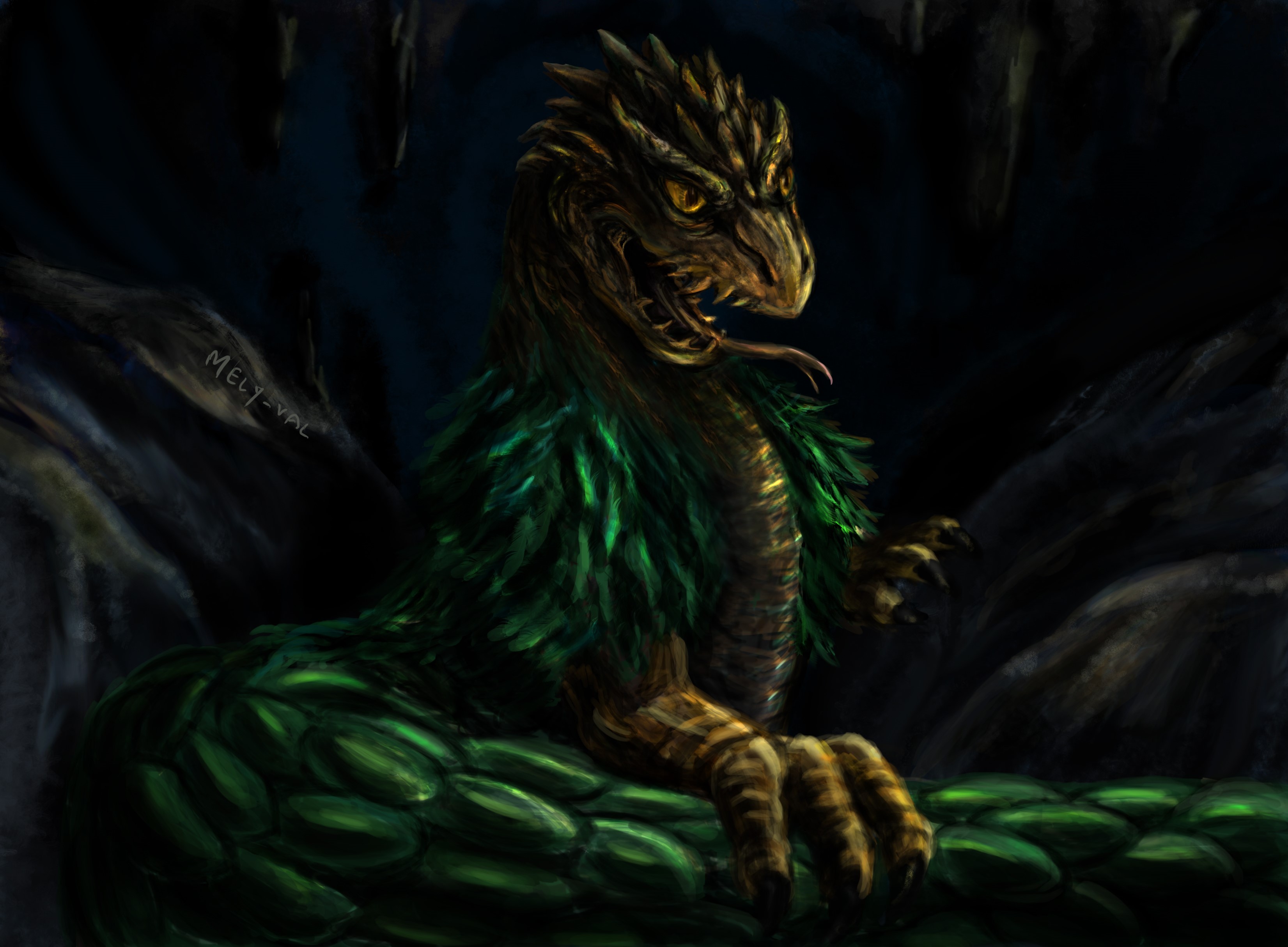 Dragon with green feathers in a cave HD Wallpaper