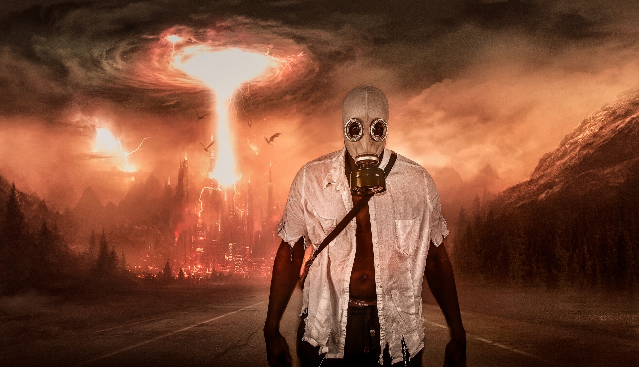 Man in gas mask in post-apocalyptic city HD Wallpaper