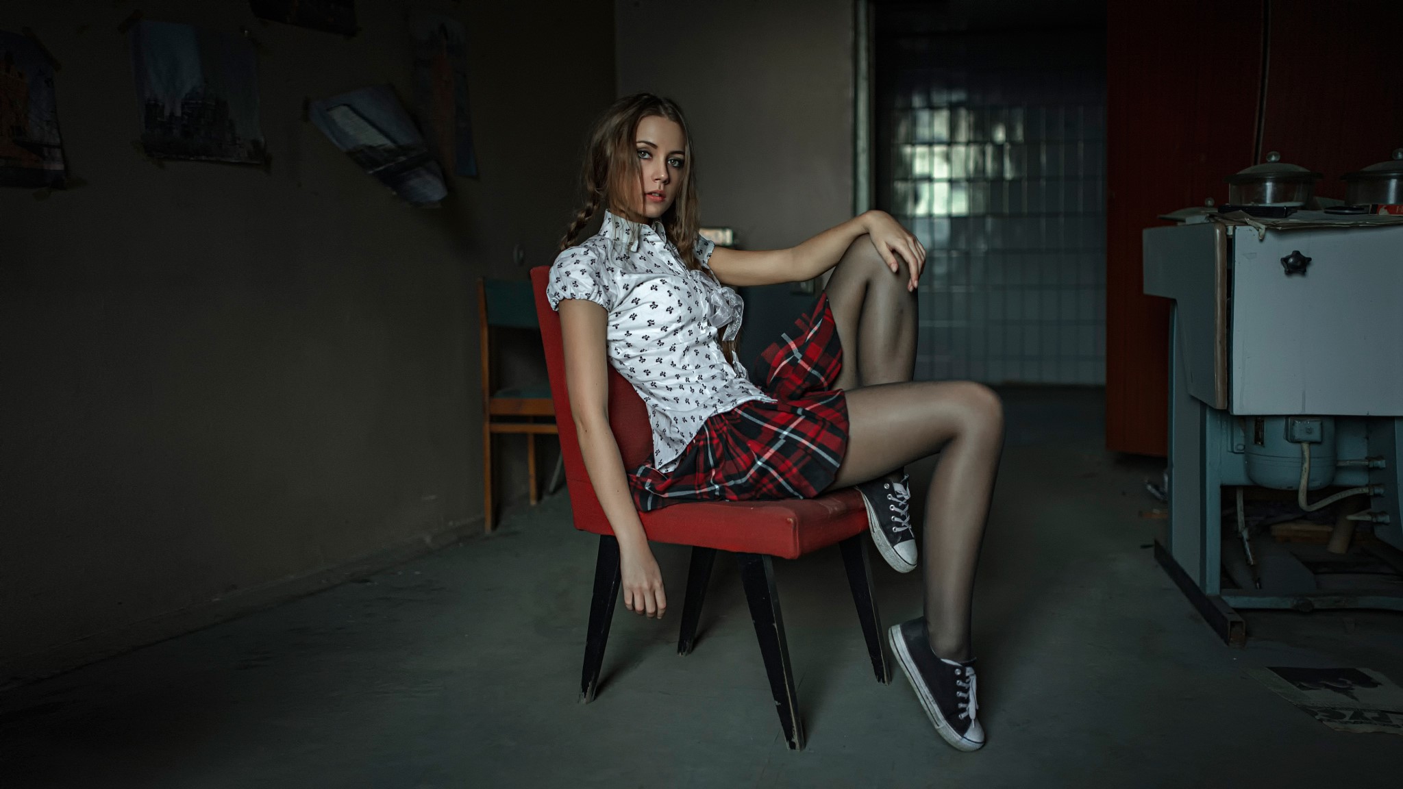 Kseniya George Chernyad''ev in Plaid Skirt and Sneakers HD Wallpaper