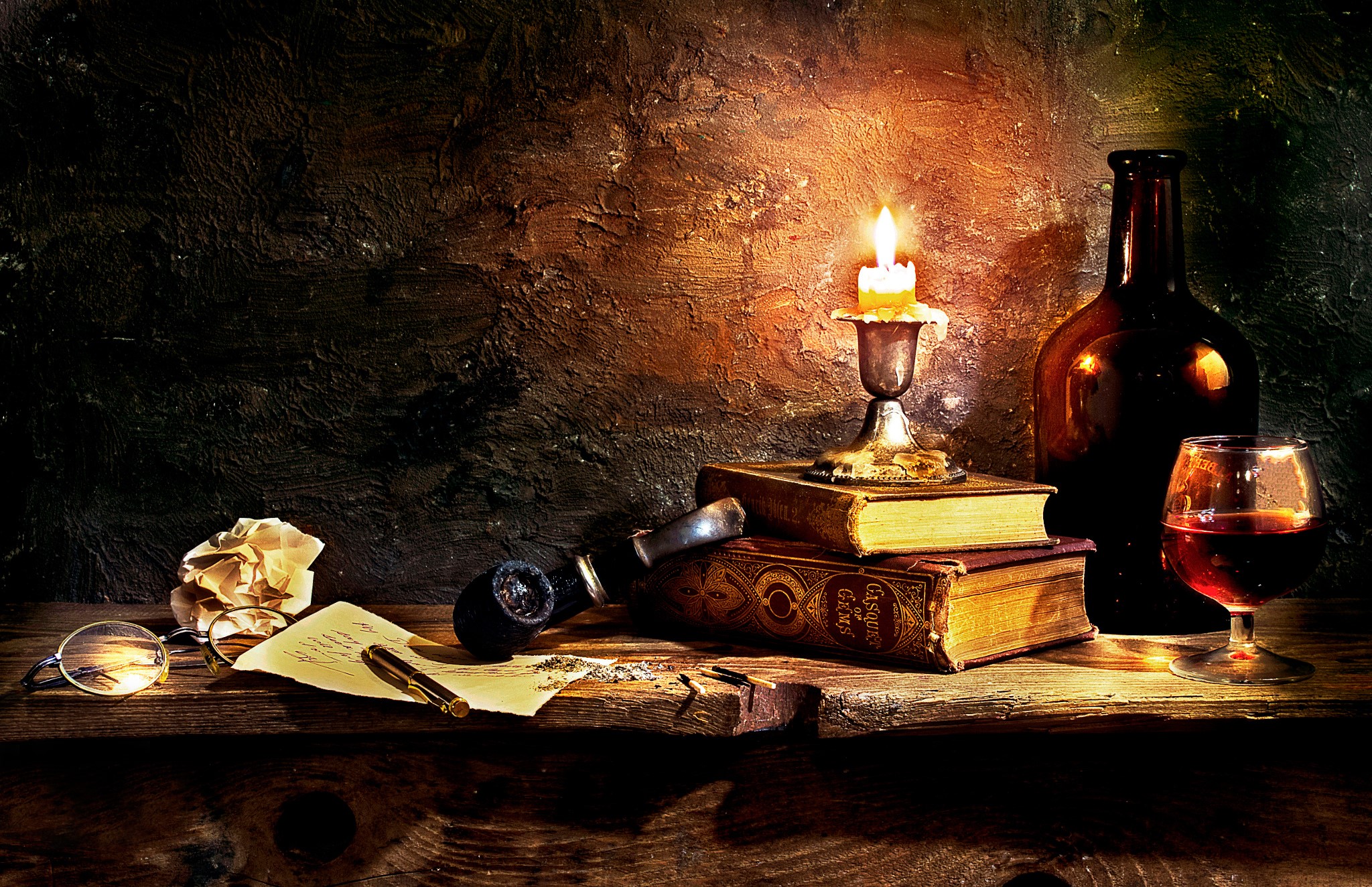 Still-life with candle, books, pipe, and wine HD Wallpaper