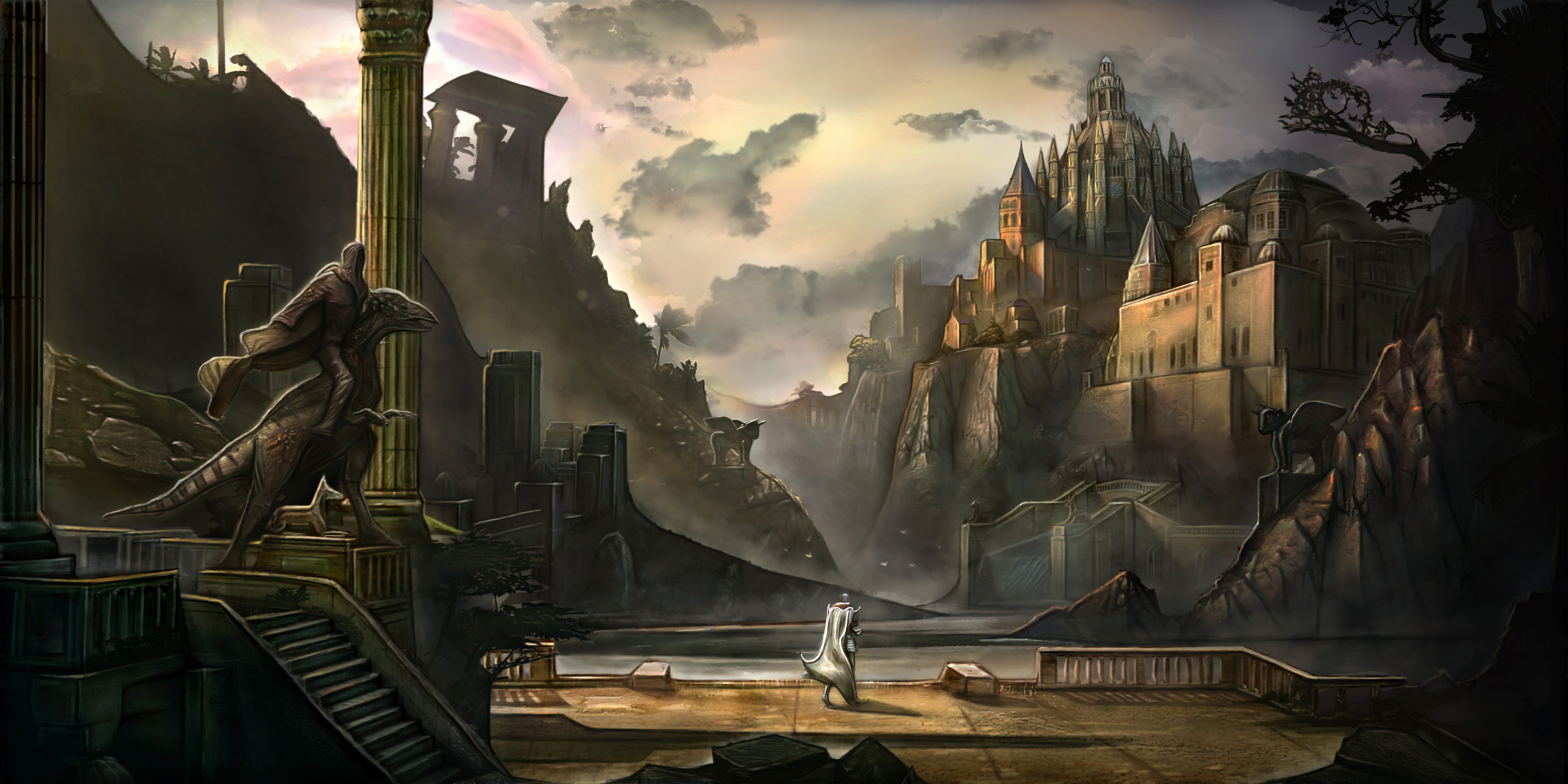 Fantasy world with castles and ruins HD Wallpaper