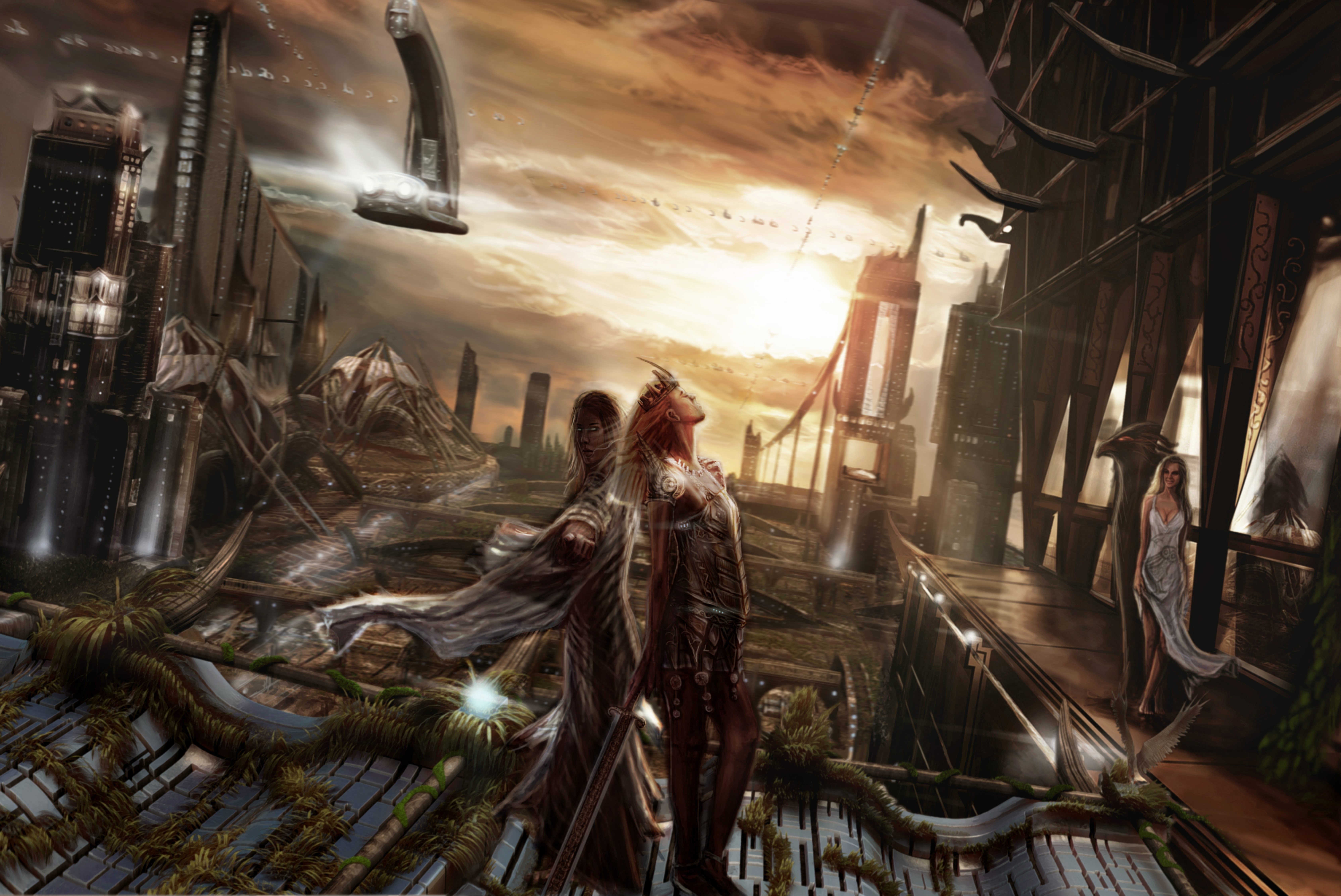 Fantastic world with warriors and futuristic city HD Wallpaper