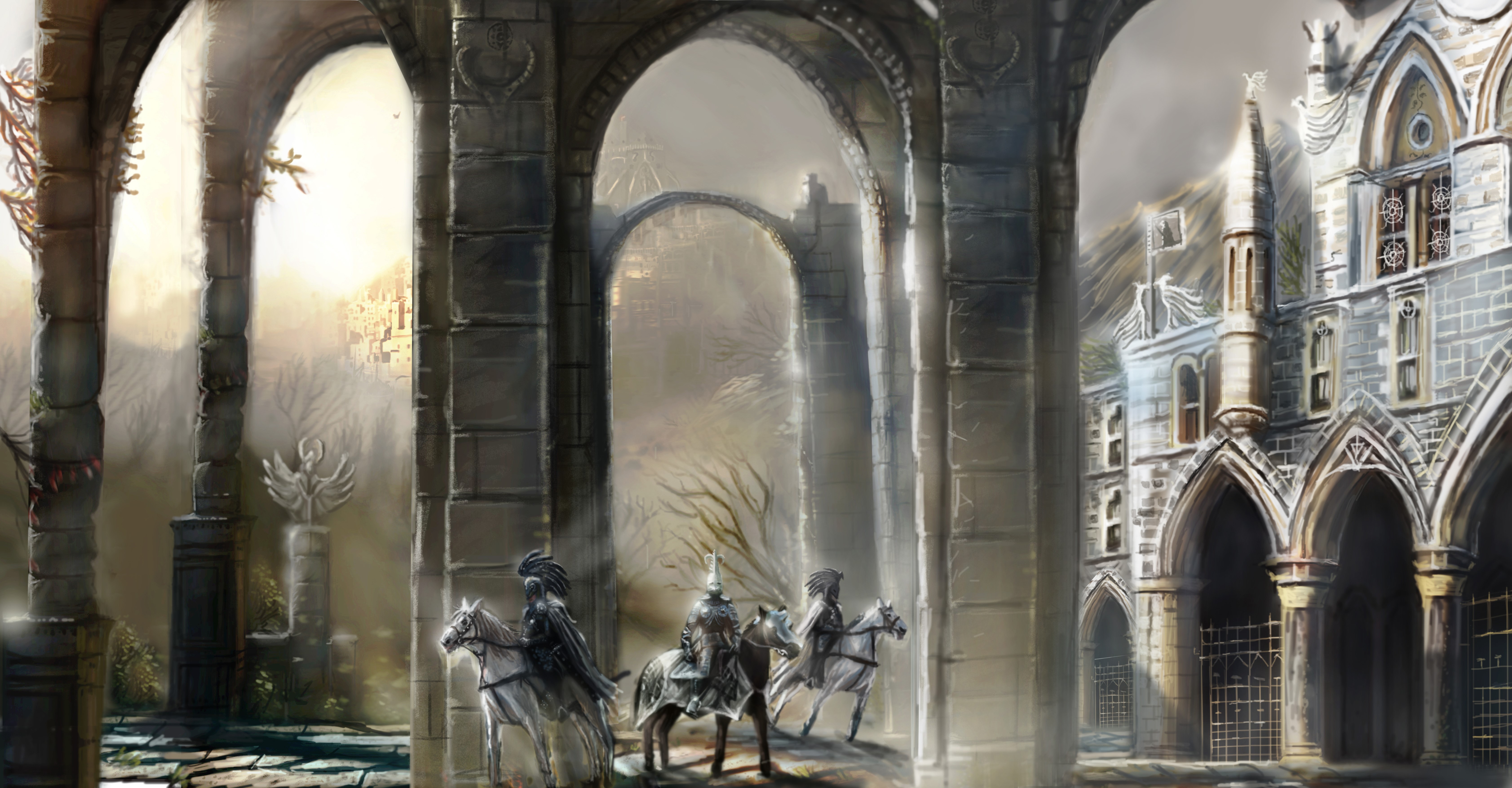Knights on horseback in a fantasy world HD Wallpaper