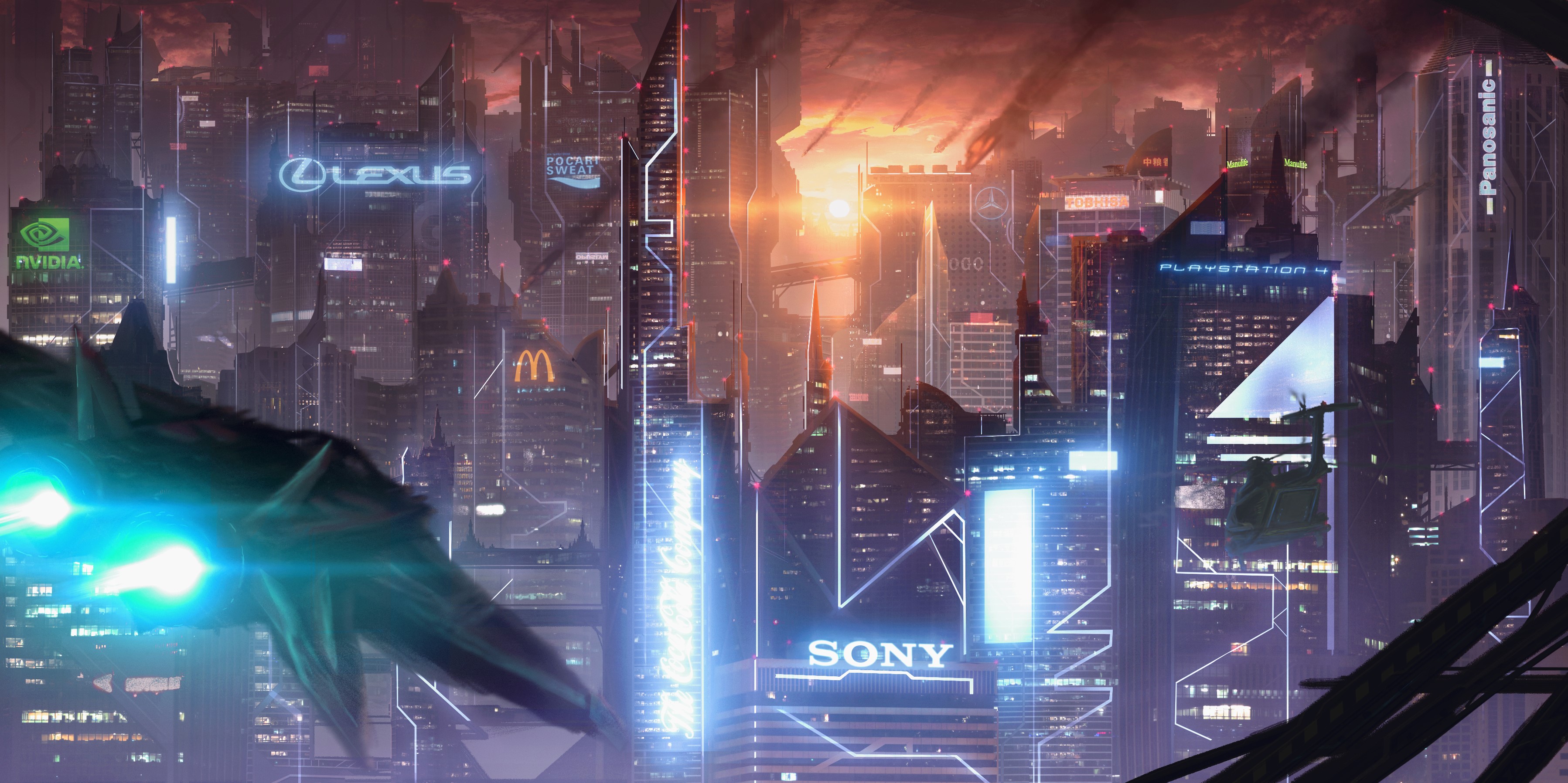 Futuristic Megapolis with Brand Logos and Meteor Shower HD Wallpaper