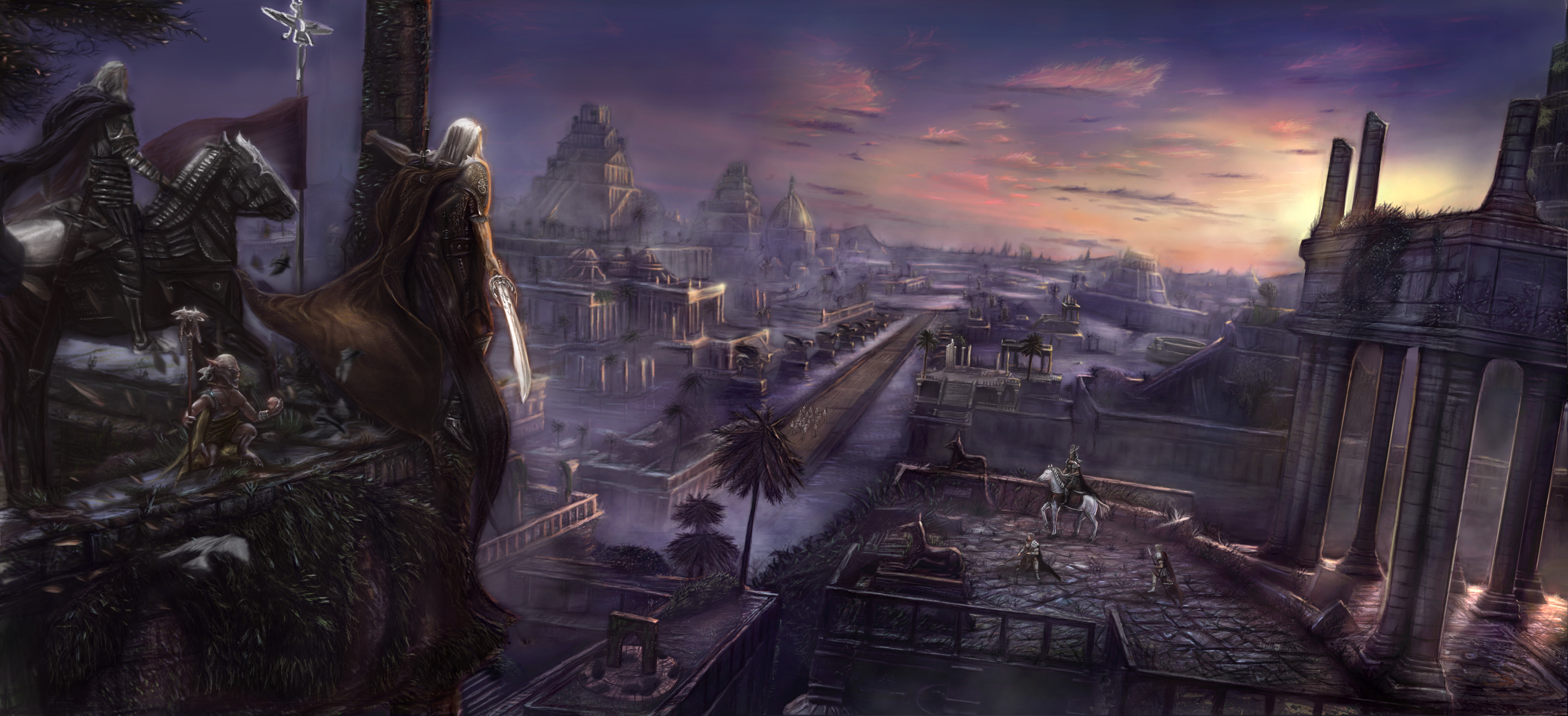 Fantasy city at sunset with knights HD Wallpaper