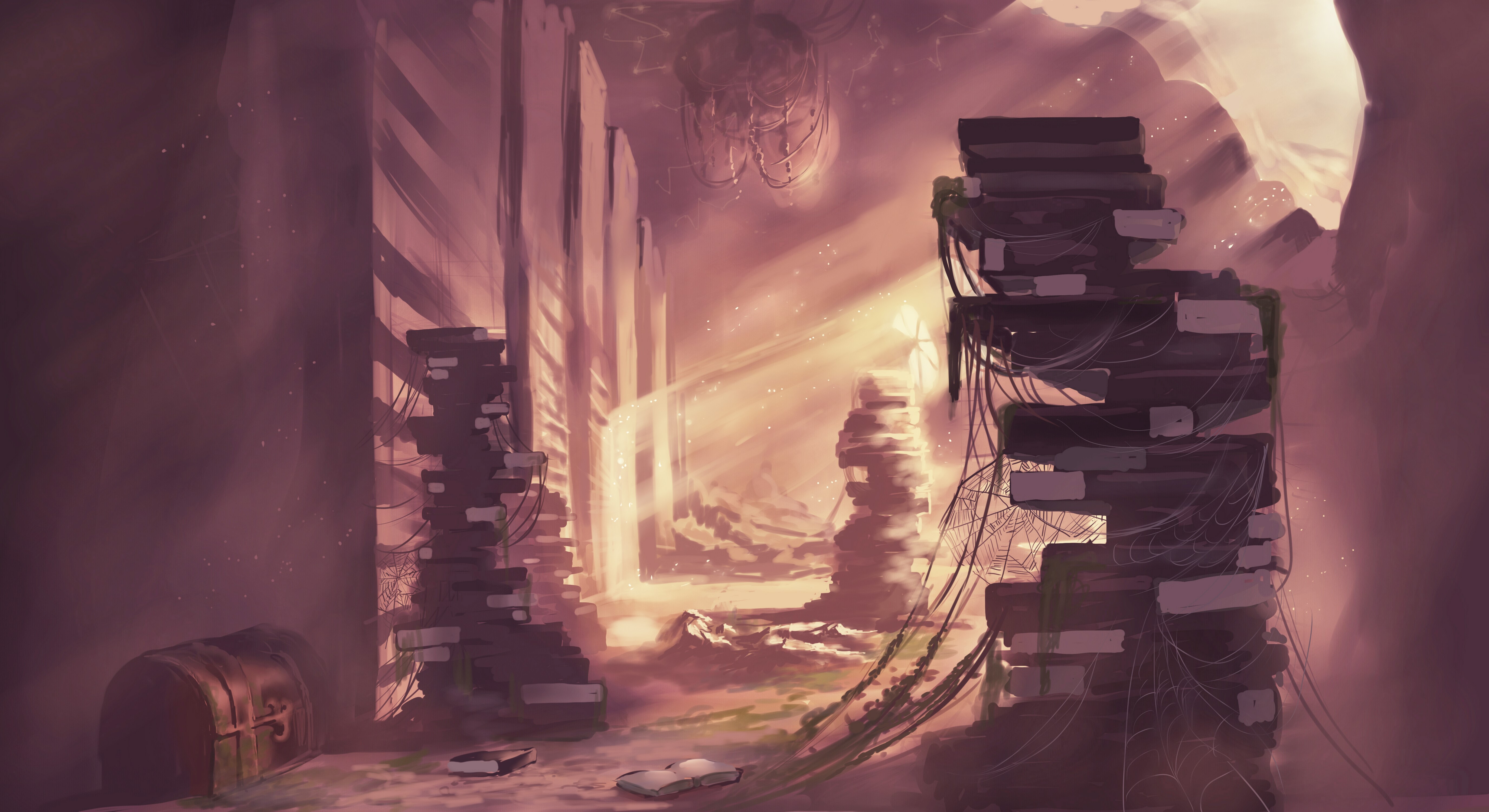 Spiders and Books in a Ruined Hall HD Wallpaper