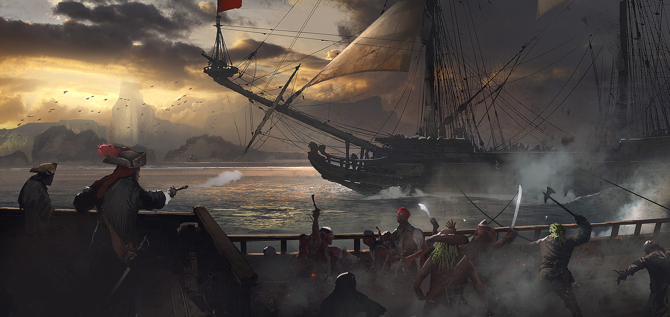 Pirates battling on ships at sea during sunset HD Wallpaper