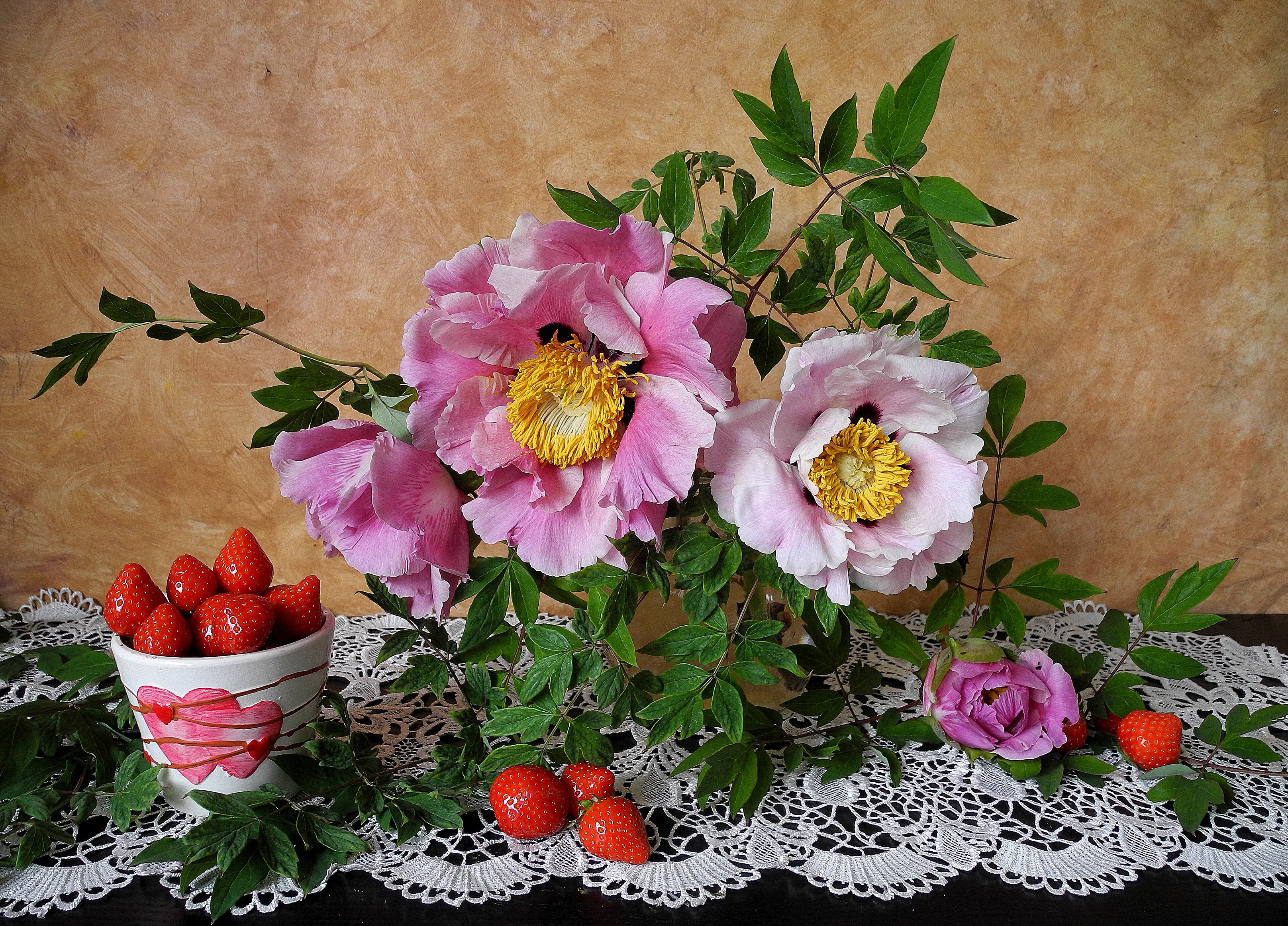 Still life with peonies and strawberries HD Wallpaper
