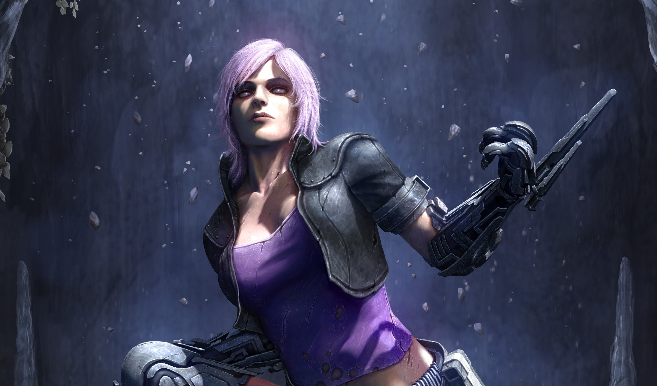 Cyberpunk warrior with purple hair and mechanical arm HD Wallpaper