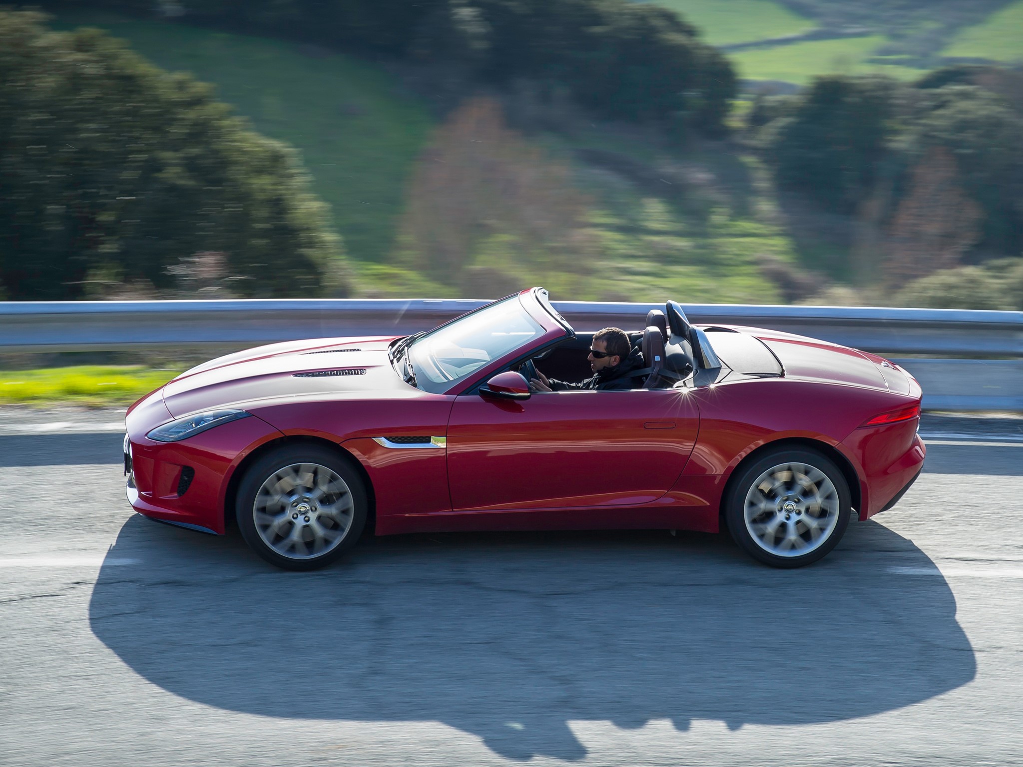 Red Jaguar F-Type S Cabriolet Driving on Road HD Wallpaper