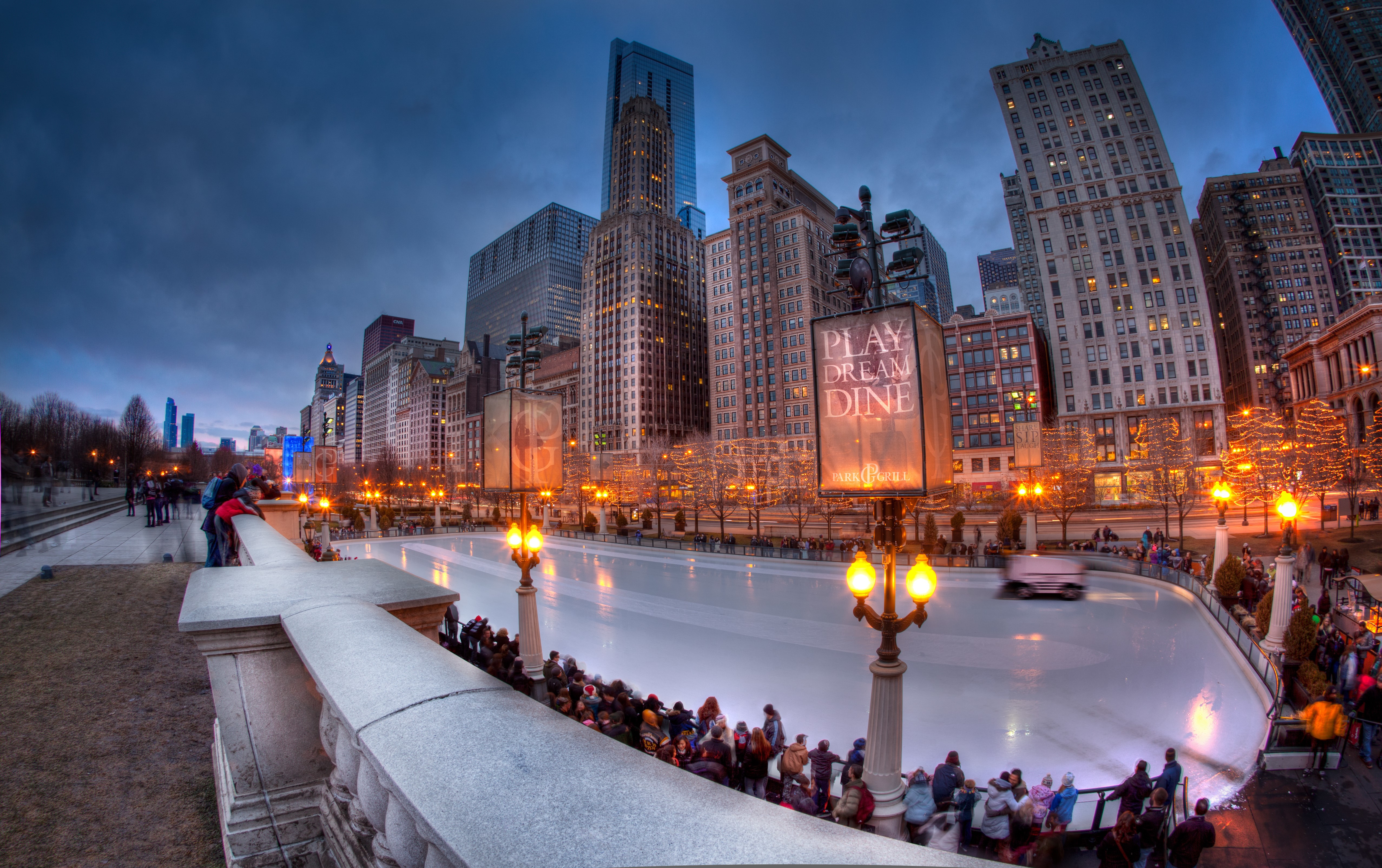 Chicago City Ice Skating Rink in Winter HD Wallpaper