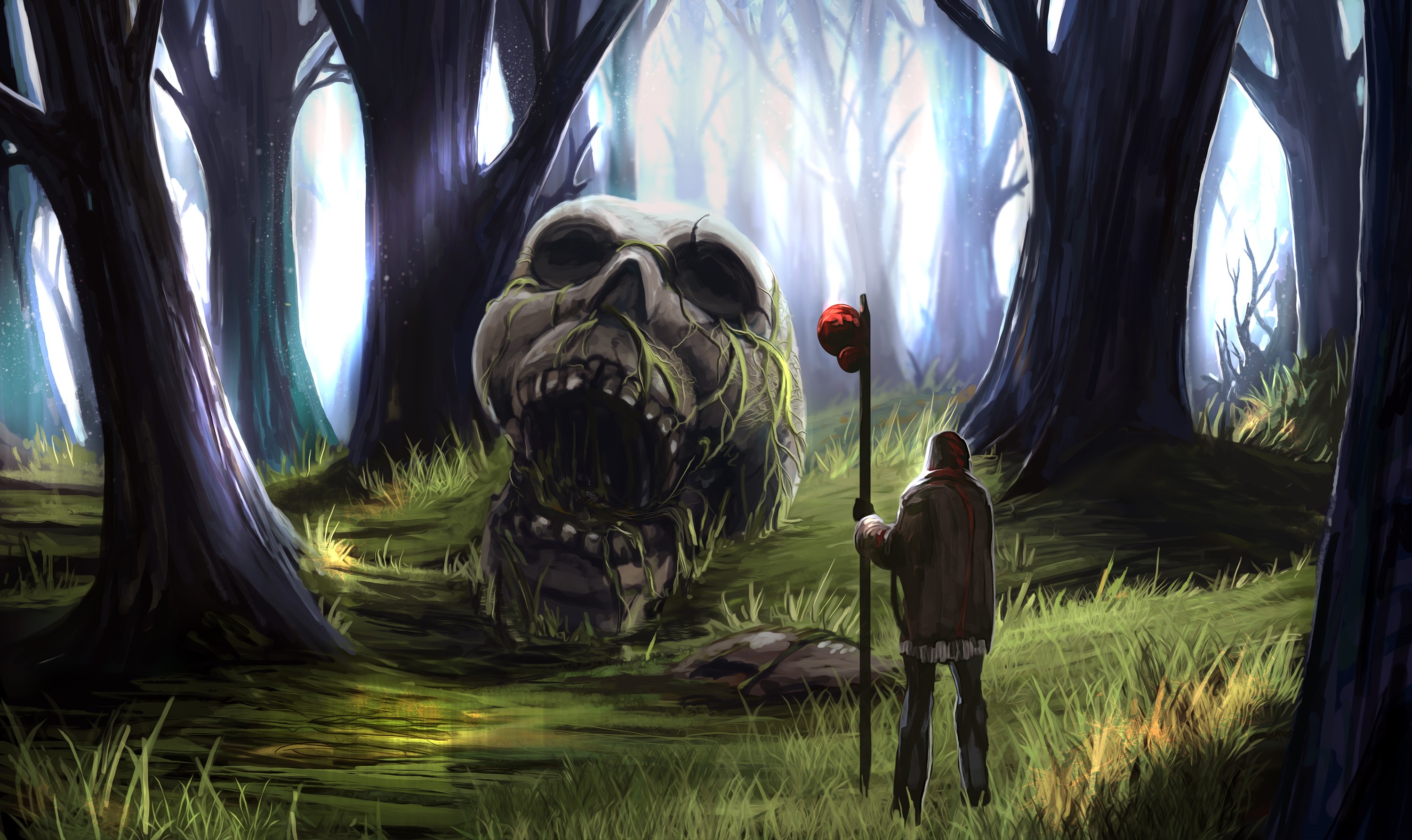 Giant skull in a dark forest with a person holding a staff HD Wallpaper