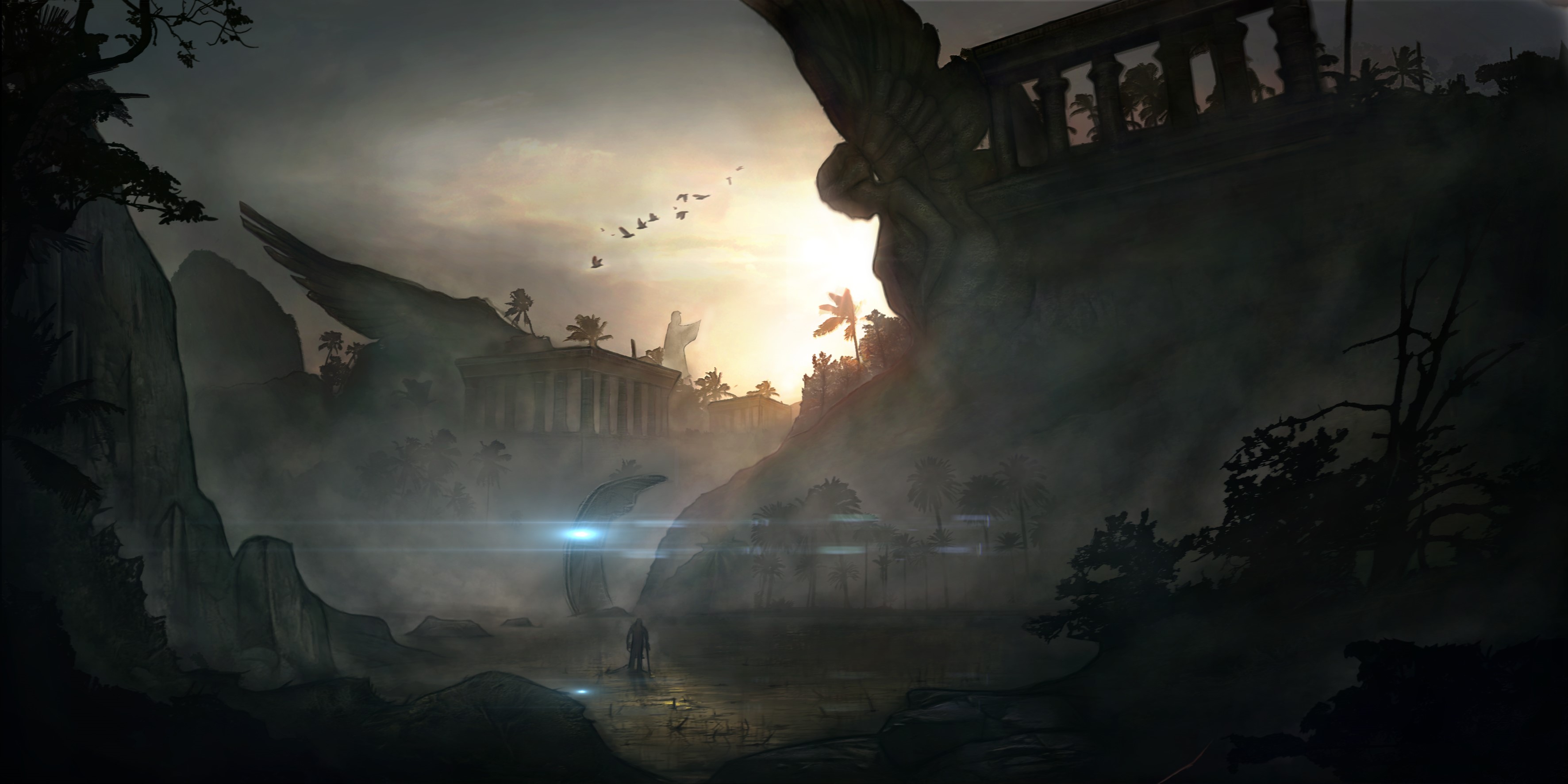 Ruined ancient city with giant statues and a lone figure HD Wallpaper