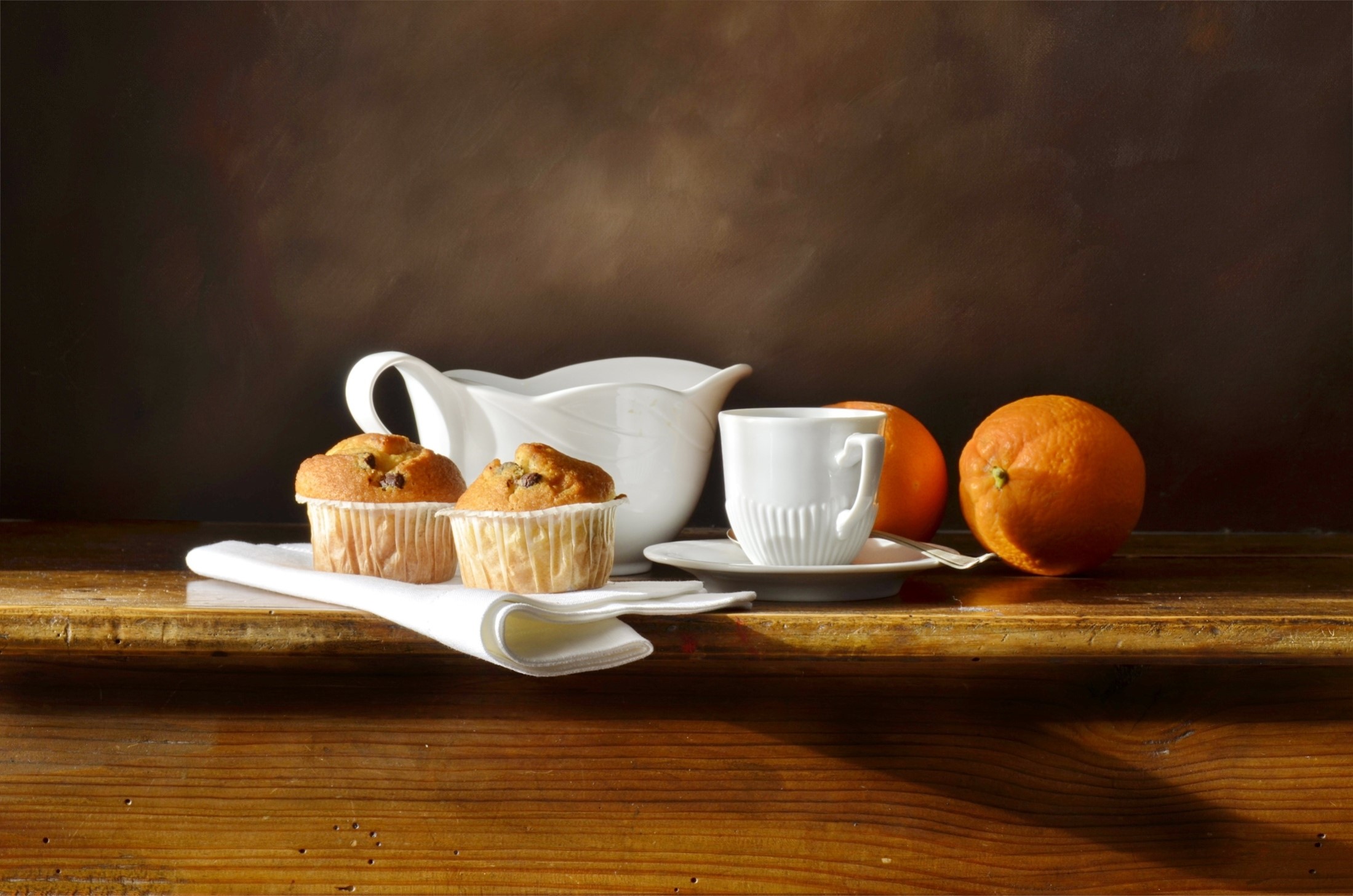 Still-life with muffins, cup, and oranges HD Wallpaper