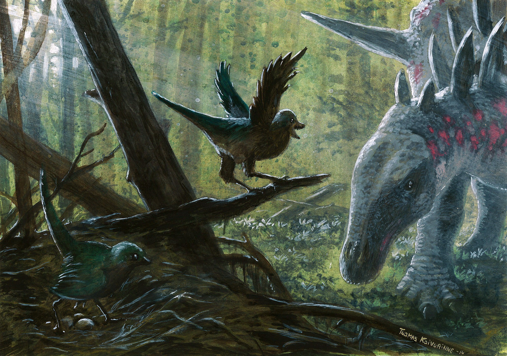 Dinosaurs defending nest in forest HD Wallpaper