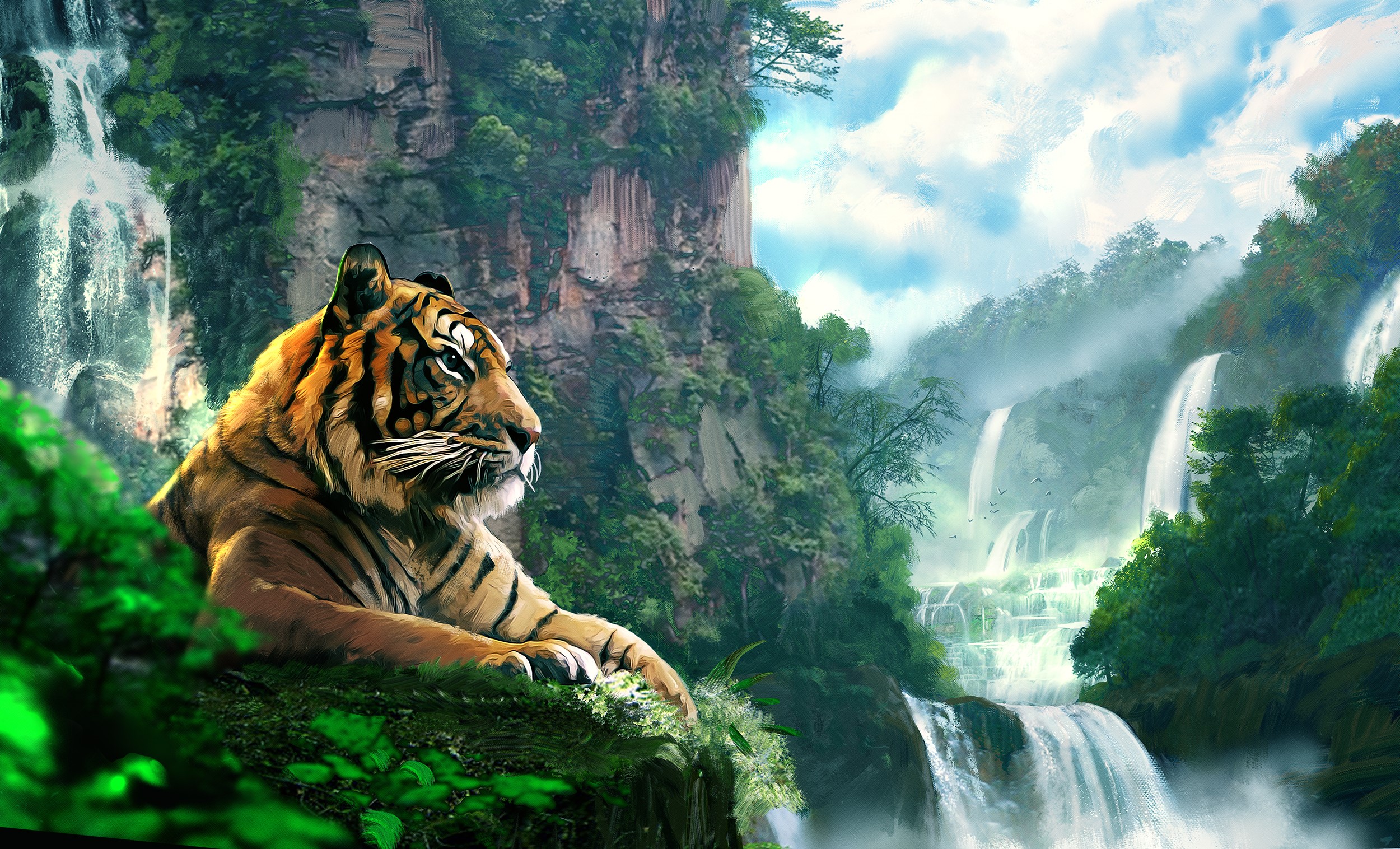 Tiger resting near waterfalls in a jungle painting HD Wallpaper